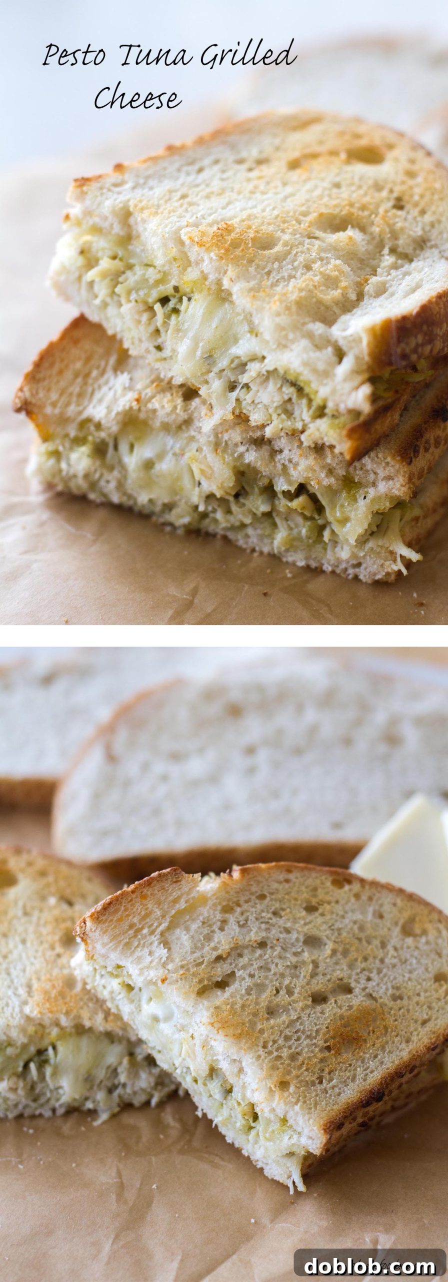 Gourmet Pesto Tuna Melt 9 A stunning vertical shot of the golden Pesto Tuna Grilled Cheese, showcasing its perfect toast and inviting texture.