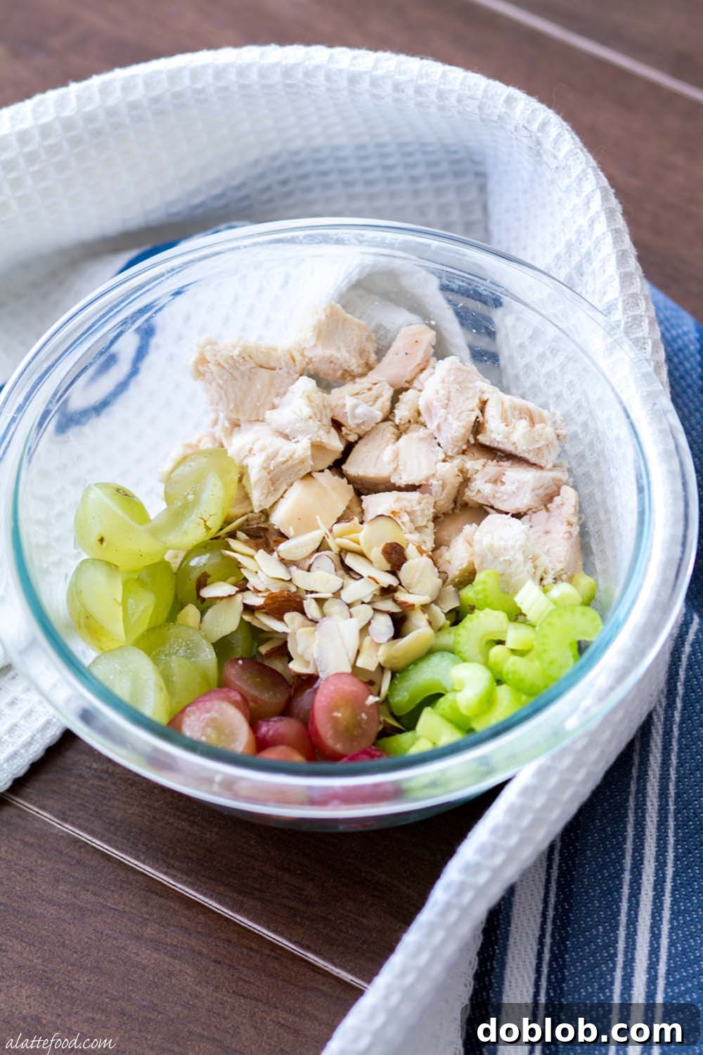 Fresh & Wholesome Chicken Salad 2 A close-up shot of healthy chicken salad, showcasing its vibrant ingredients.