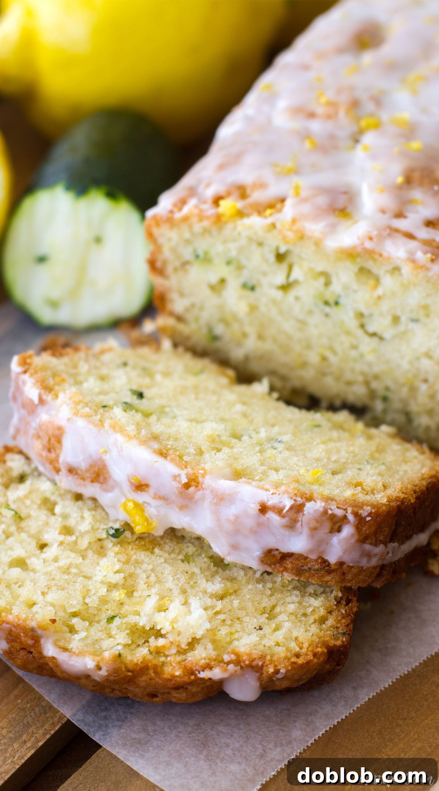 Close-up of a slice of moist lemon zucchini bread with lemon glaze, highlighting its perfect texture and golden crust.