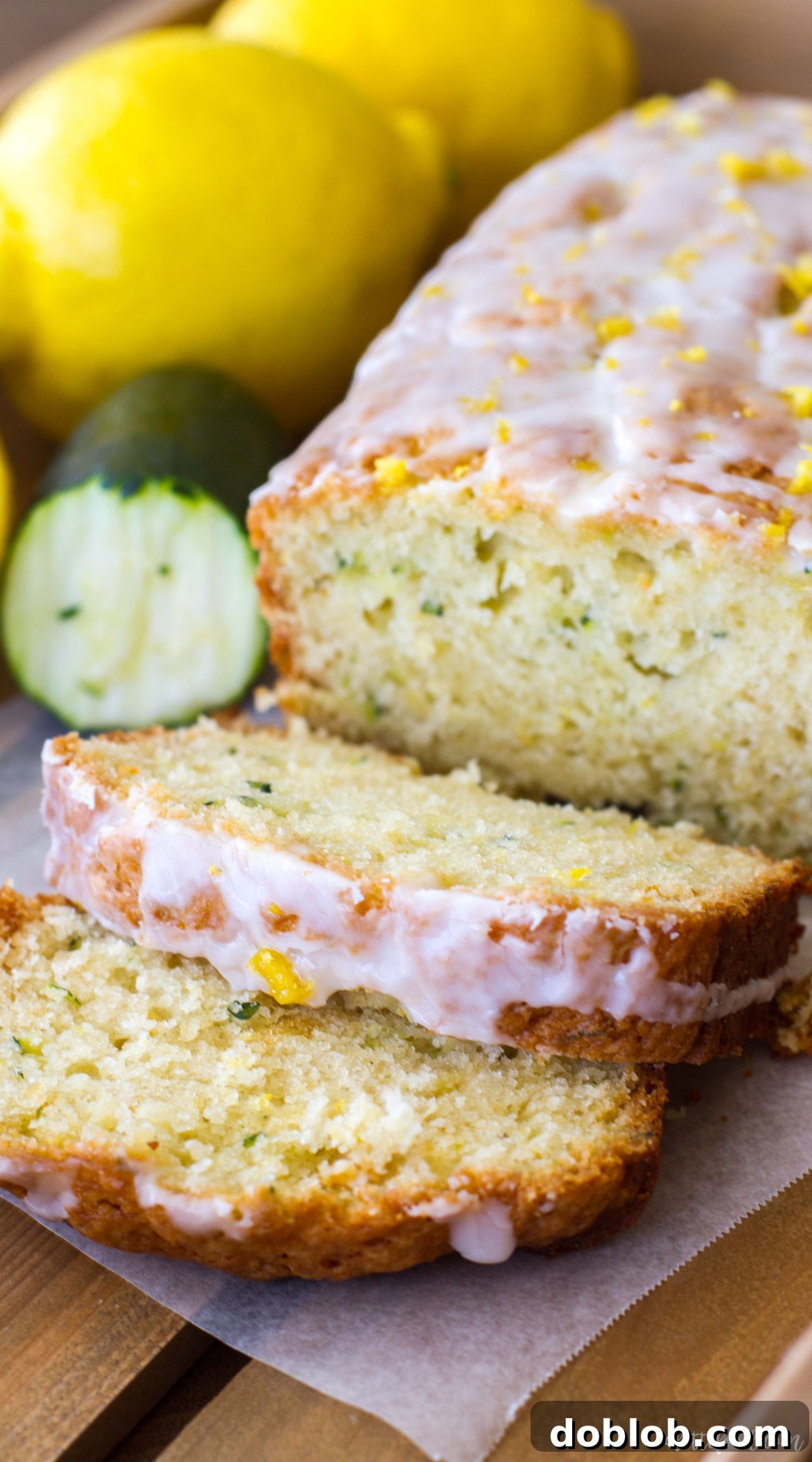 Several slices of lemon zucchini bread on a cutting board, with fresh lemons and zucchini in the background, ready to be enjoyed.