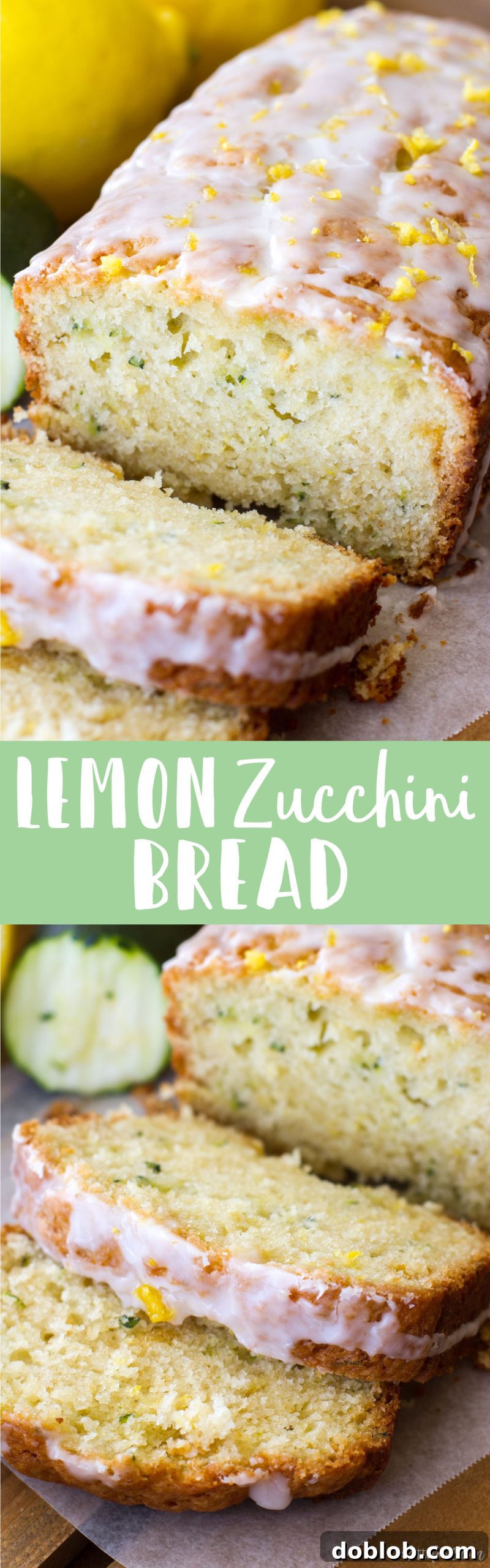 A stunning loaf of lemon zucchini bread, beautifully glazed and garnished with fresh lemon slices, surrounded by whole zucchini and lemons.