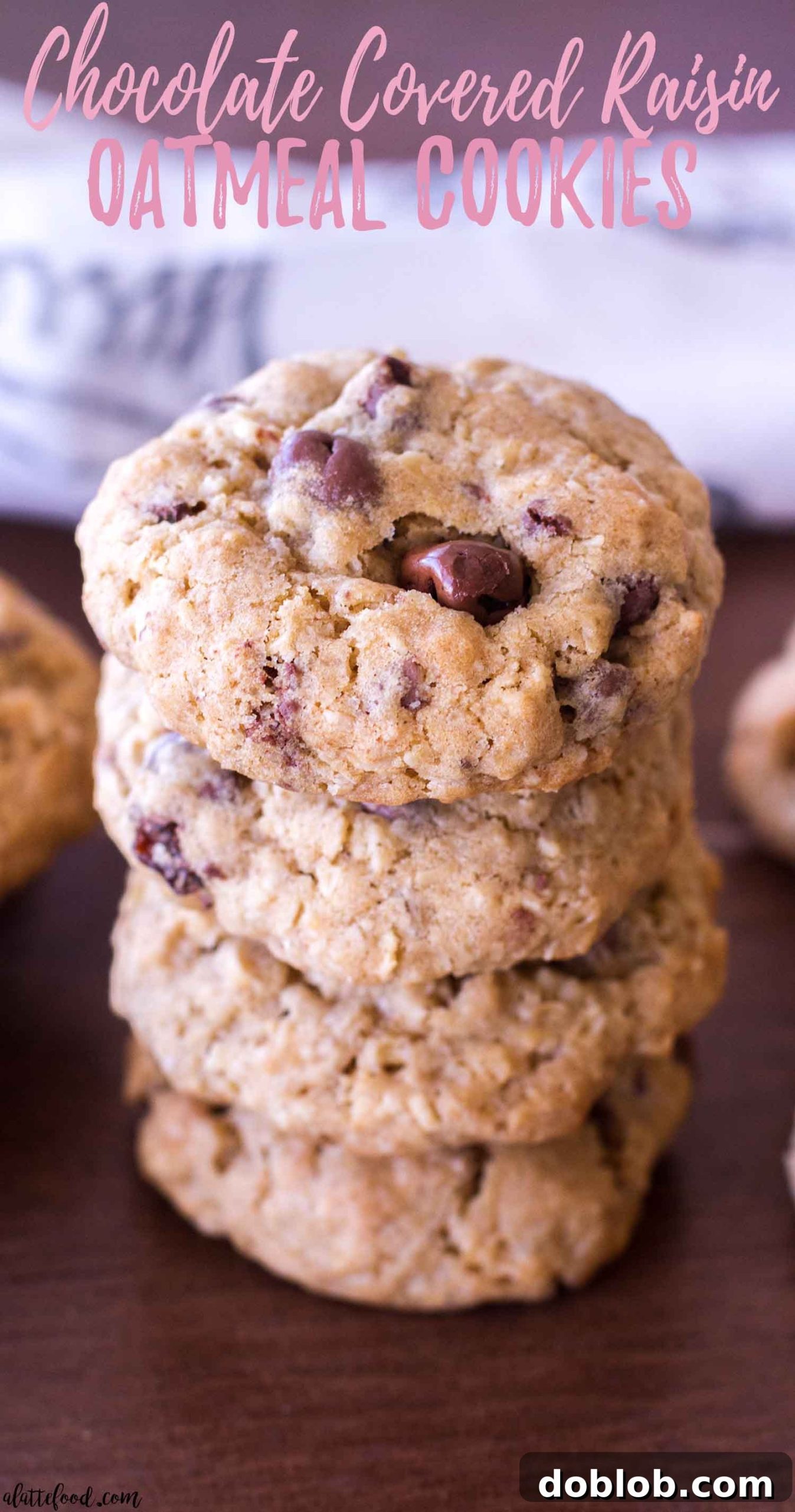 A beautiful stack of freshly baked oatmeal chocolate covered raisin cookies, highlighting their golden color and tempting centers.