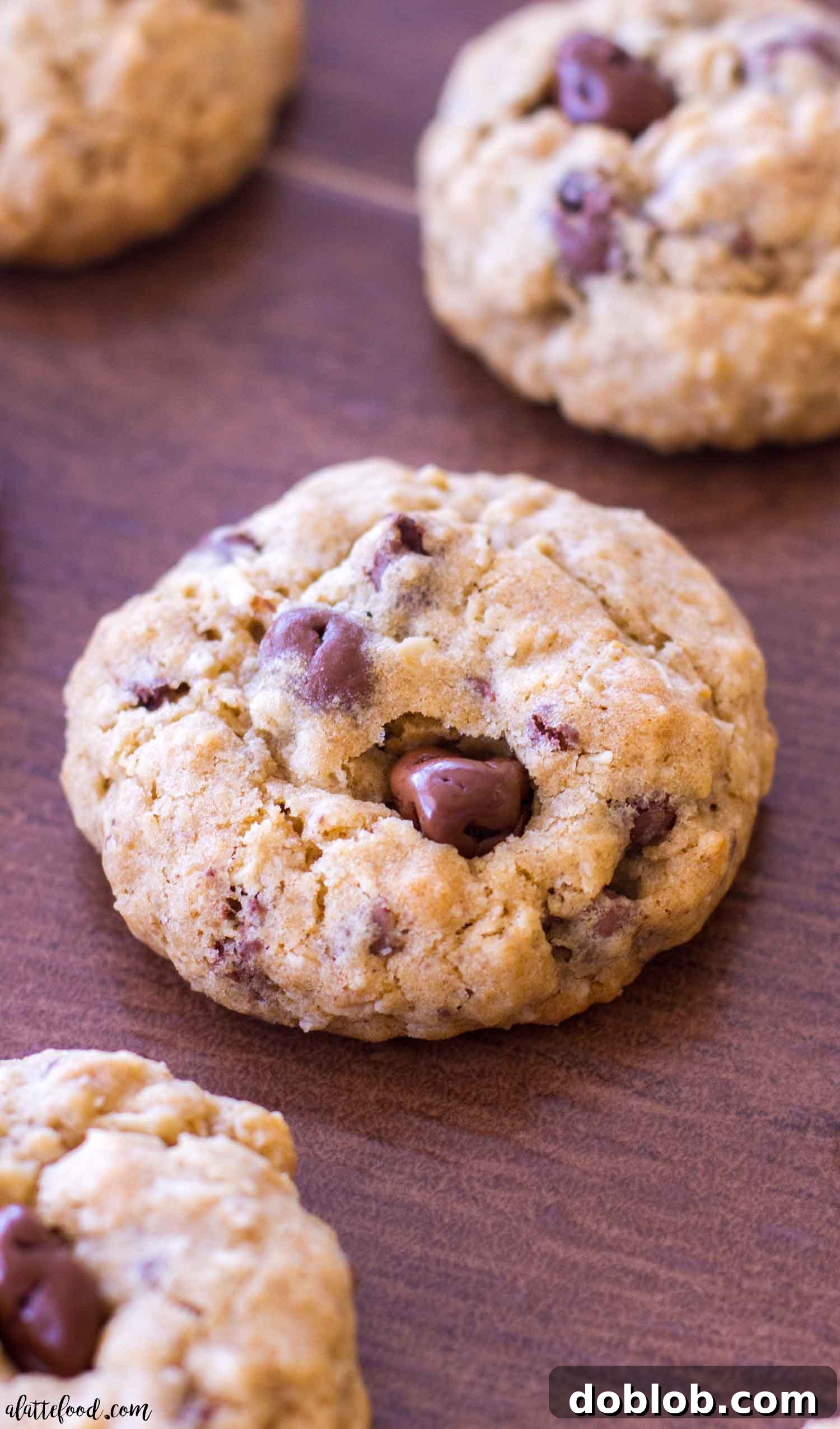 Close-up shot of oatmeal chocolate covered raisin cookies arranged on a rustic wooden surface, highlighting their homemade appeal.