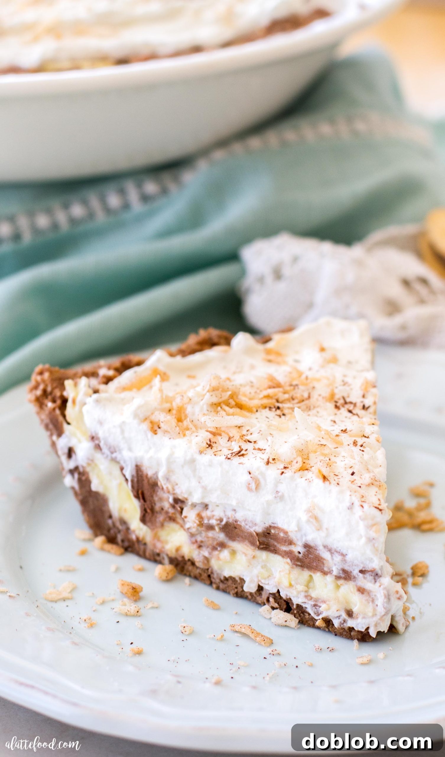 Cool and Creamy No-Bake Chocolate Coconut Pie 2 A slice of no-bake chocolate coconut cream pie showing distinct layers of whipped cream, chocolate, and coconut cream on a cookie crust.