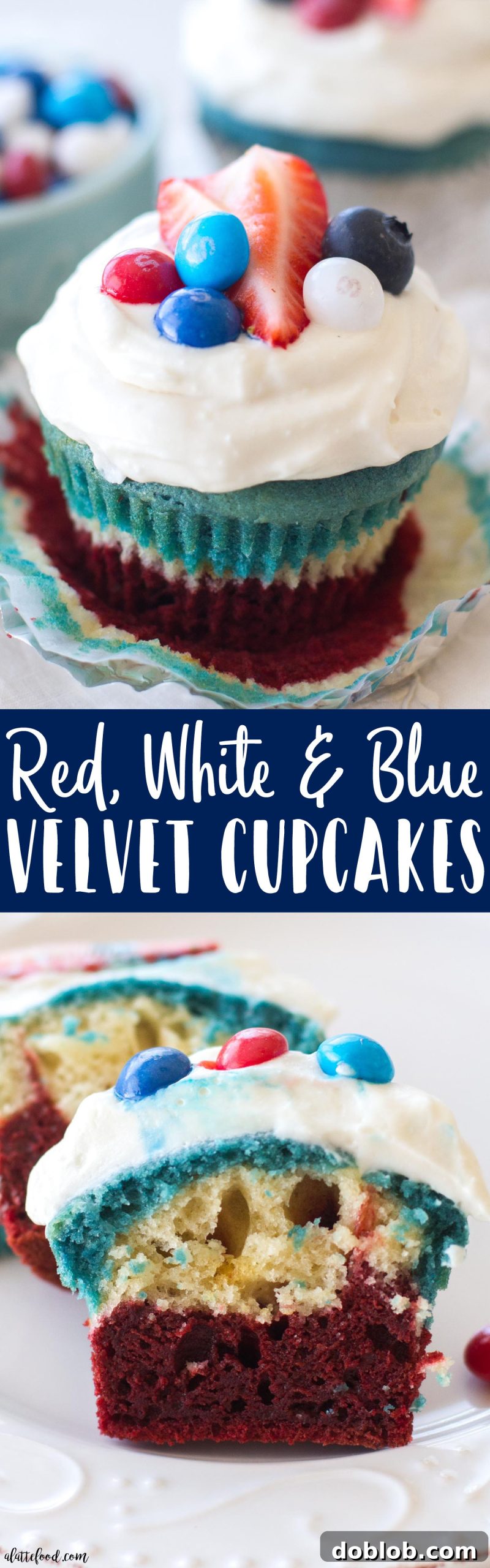 A beautifully composed shot of multiple red, white, and blue velvet cupcakes arranged artfully for presentation.