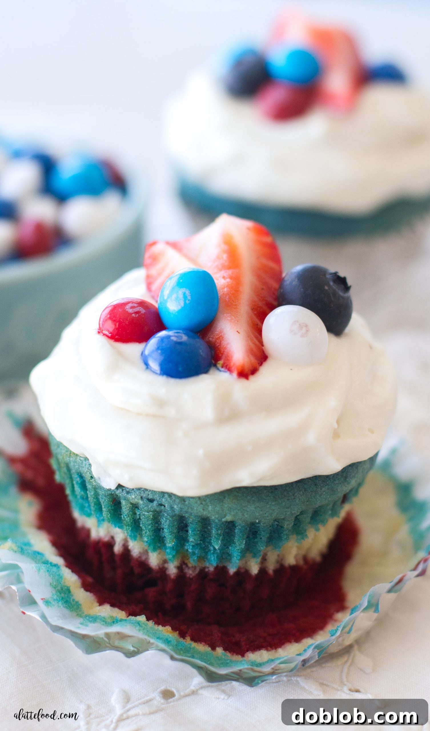 Finished Red, White, and Blue Velvet Cupcakes with Cream Cheese Frosting