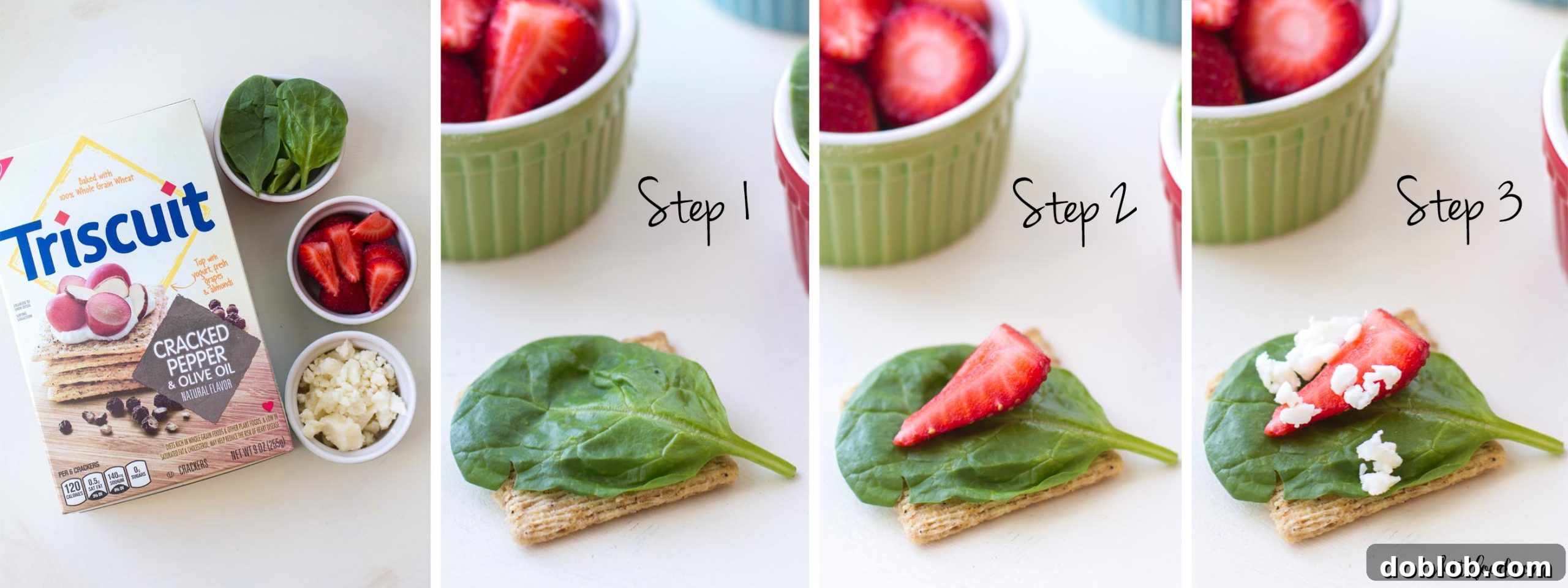 A smaller grouping of the Spinach, Strawberry, and Feta TRISCUIT appetizers, showcasing their individual perfection.