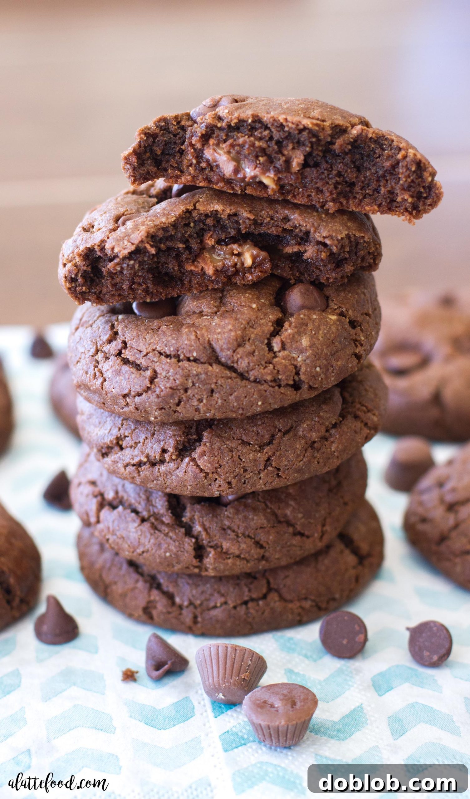 Double Chocolate Peanut Butter Caramel Cookies on a plate