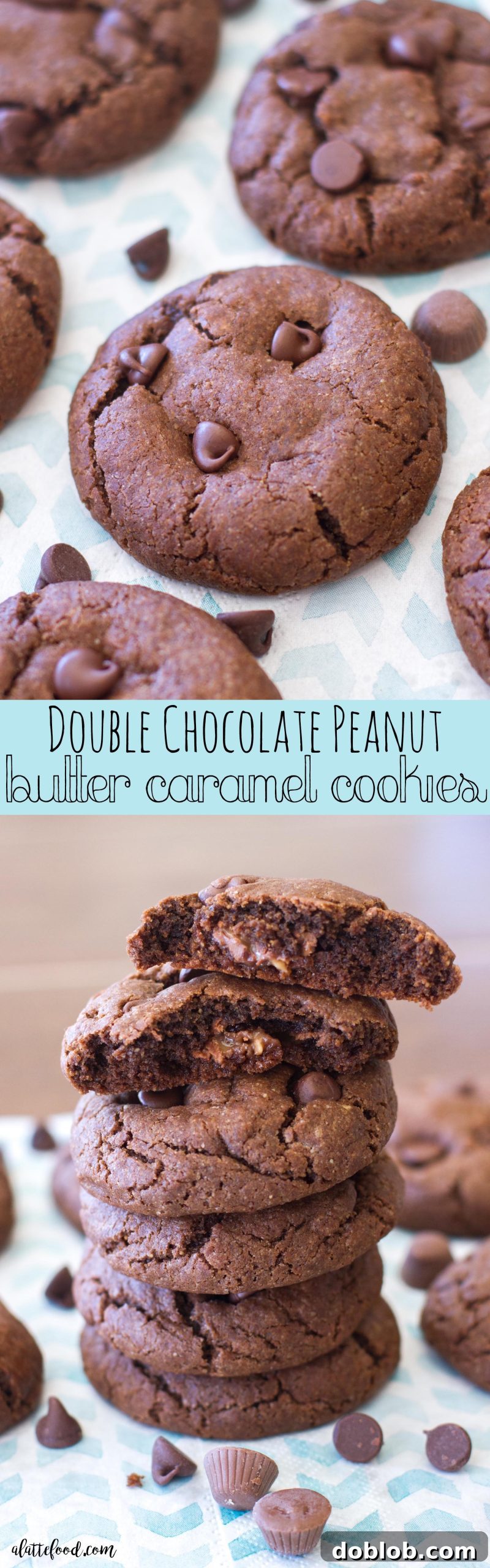 Overhead shot of double chocolate peanut butter caramel cookies, ready to be served