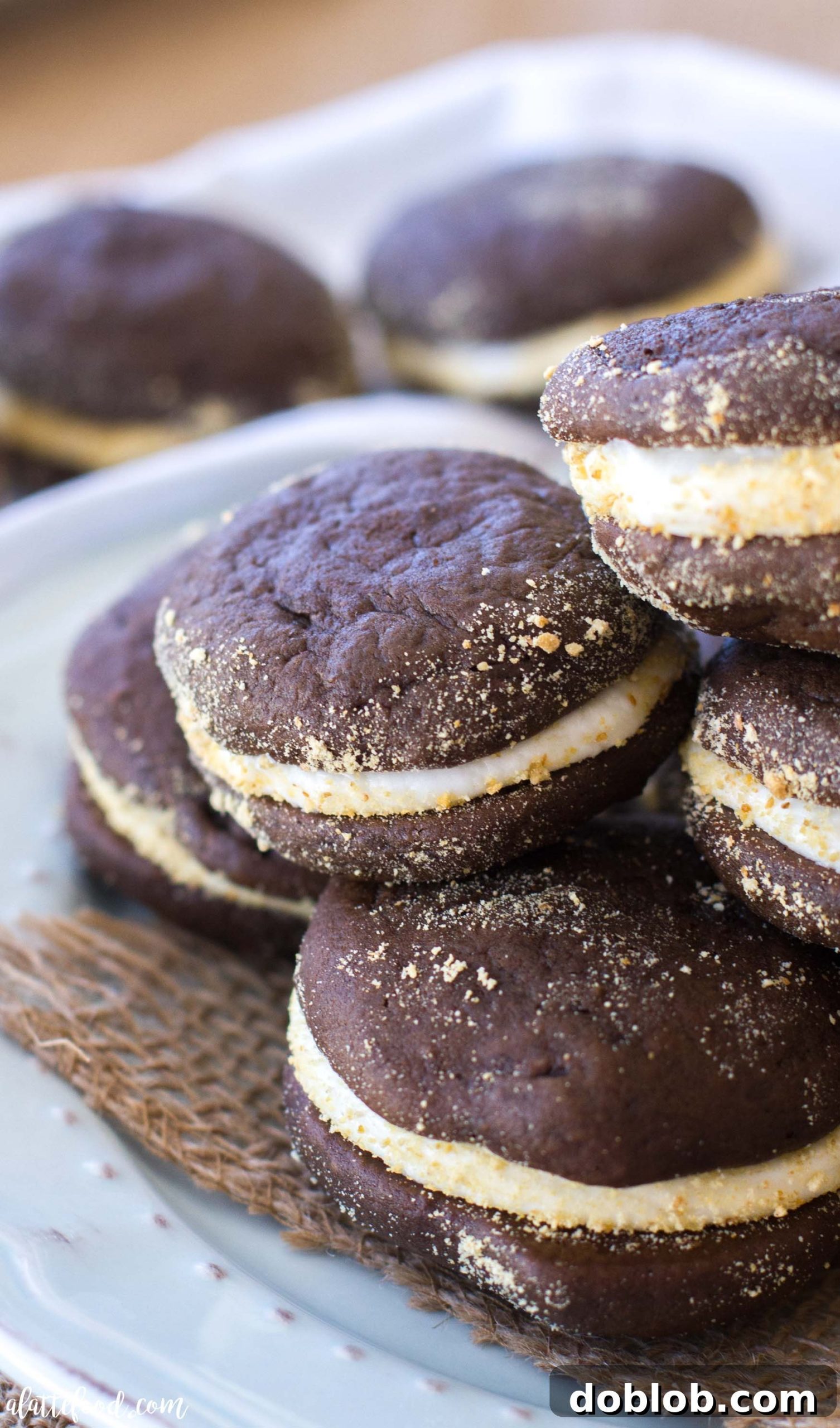 Campfire Whoopie Wonders 2 Soft, cakey chocolate whoopie pies filled with fluffy marshmallow cream frosting