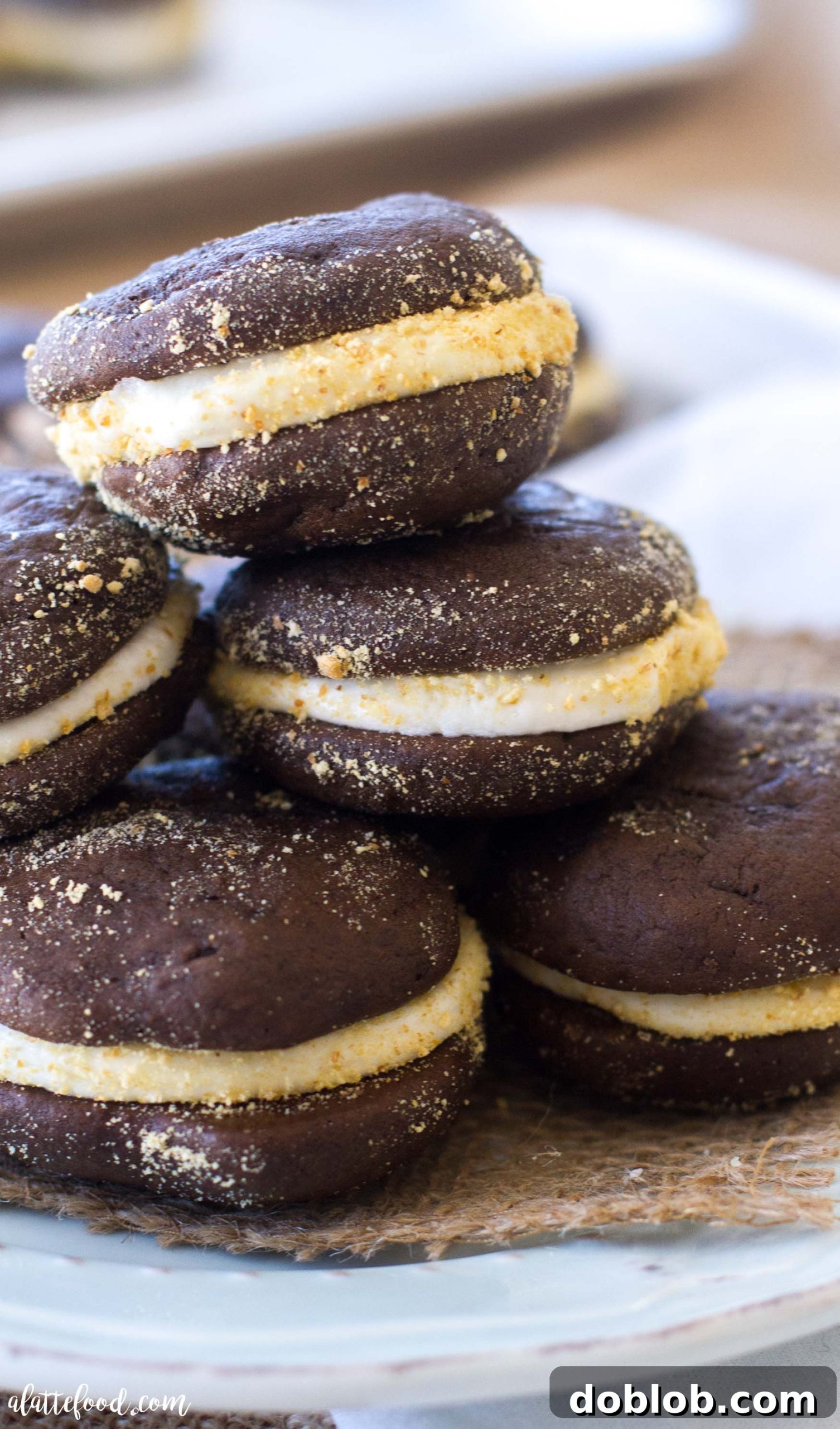Campfire Whoopie Wonders 3 A close-up of a S'mores Whoopie Pie showing the thick chocolate cookie and marshmallow filling
