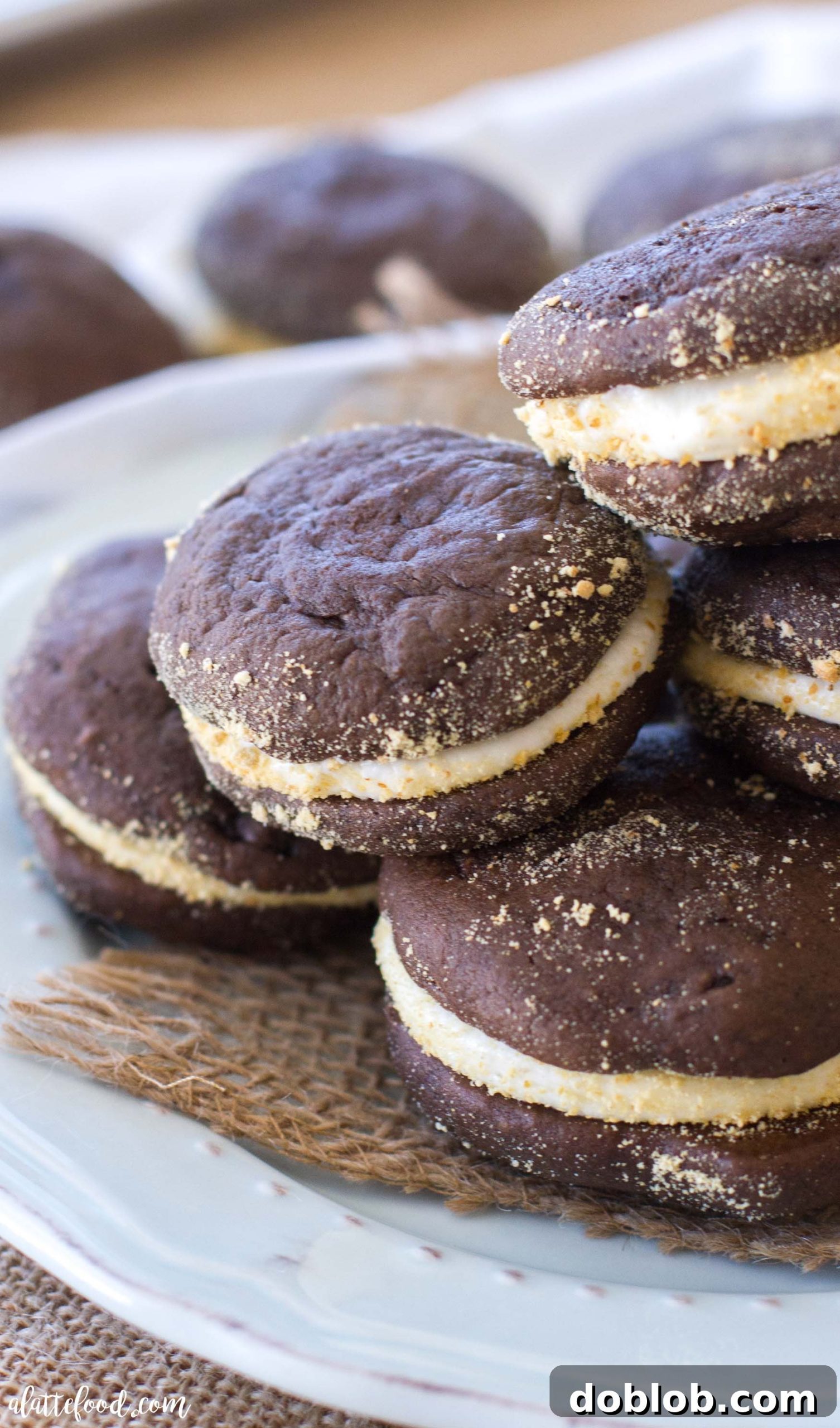 Campfire Whoopie Wonders 5 A perfectly baked S'mores Whoopie Pie resting on a plate, highlighting its soft chocolate cookie texture
