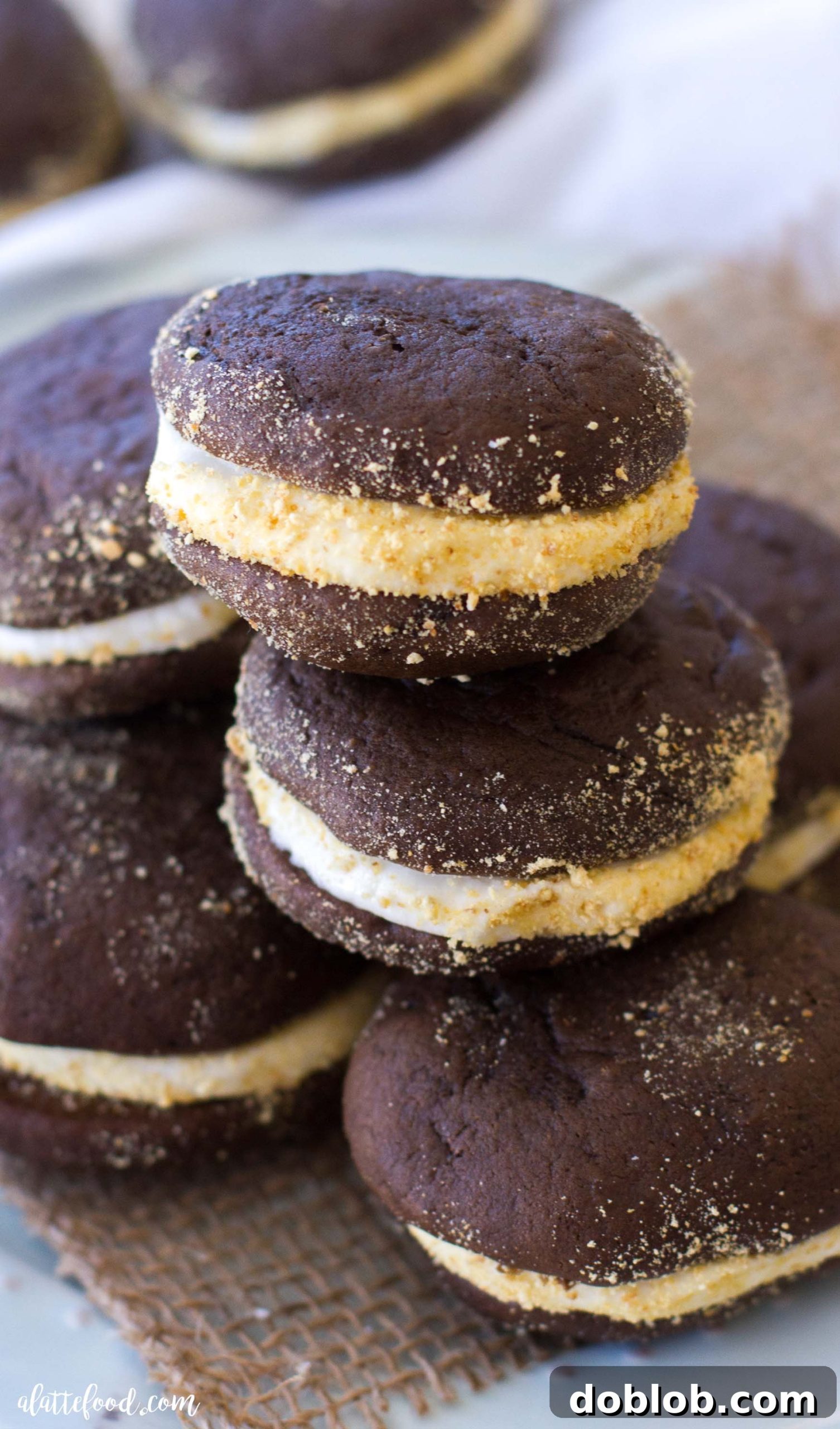 Campfire Whoopie Wonders 7 Two S'mores Whoopie Pies ready to be served, showing the graham cracker coating