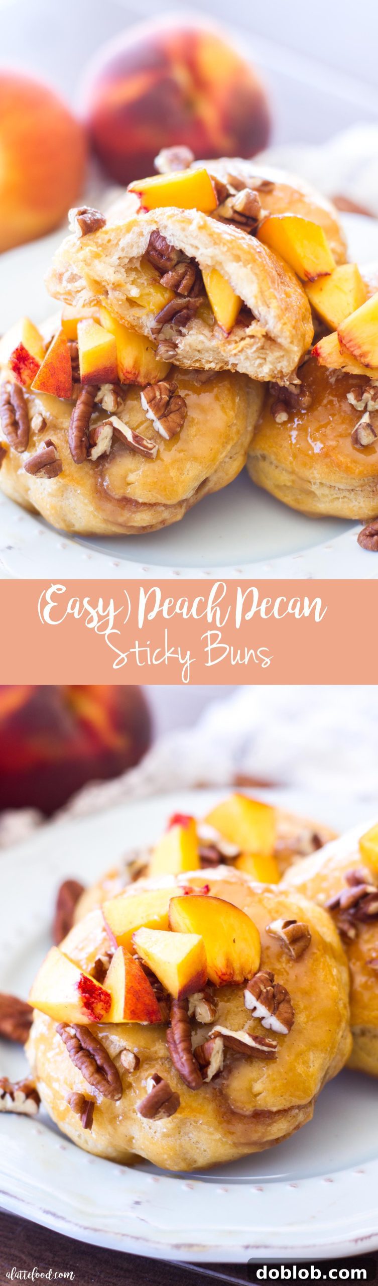 A spread of various peach pecan sticky buns, showcasing the rich caramel and glistening peaches.
