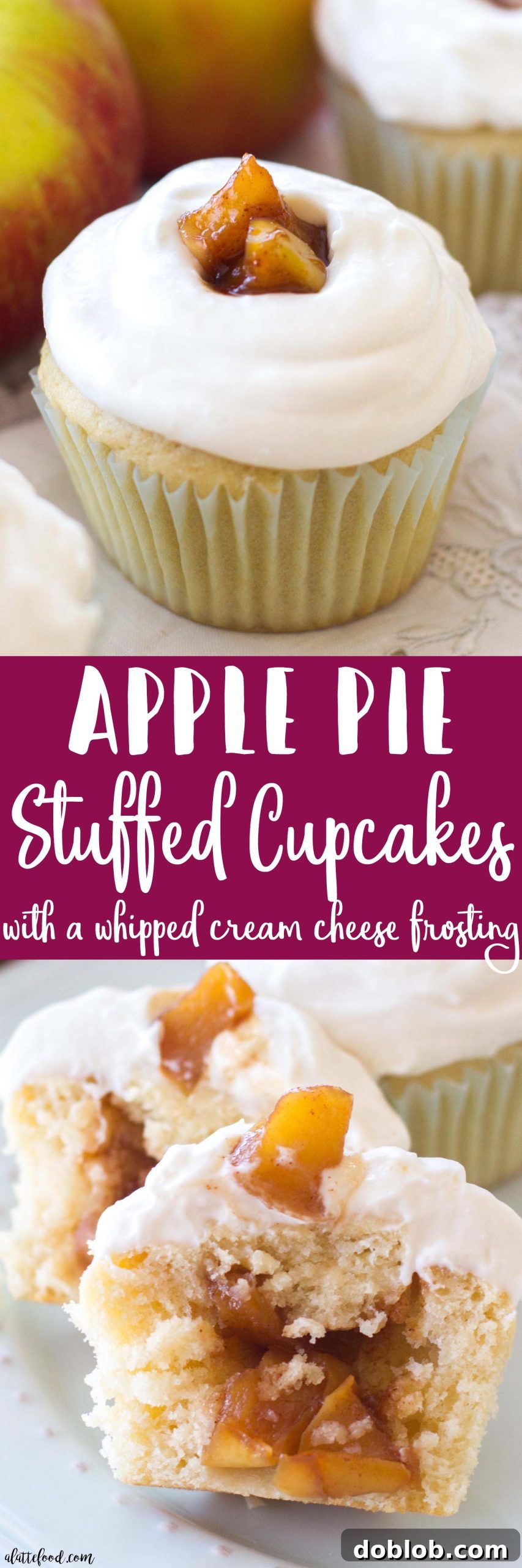 Spiced Apple Delights 8 A stack of three homemade apple pie cupcakes, showing the layers of cake, filling, and frosting, ready to be enjoyed.