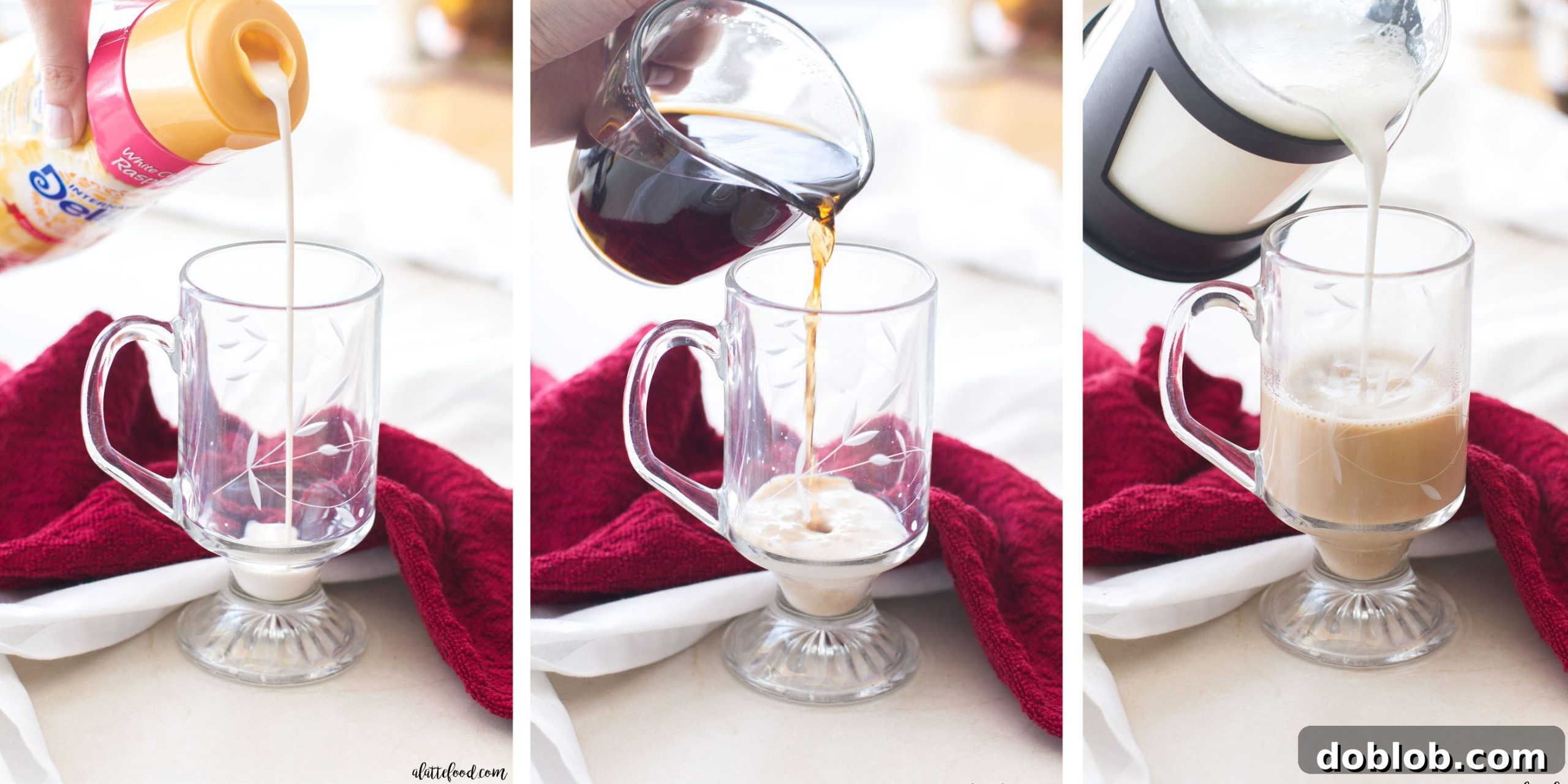 Ingredients for a homemade White Chocolate Raspberry Vanilla Latte, showcasing coffee, creamer, and milk ready to be combined.