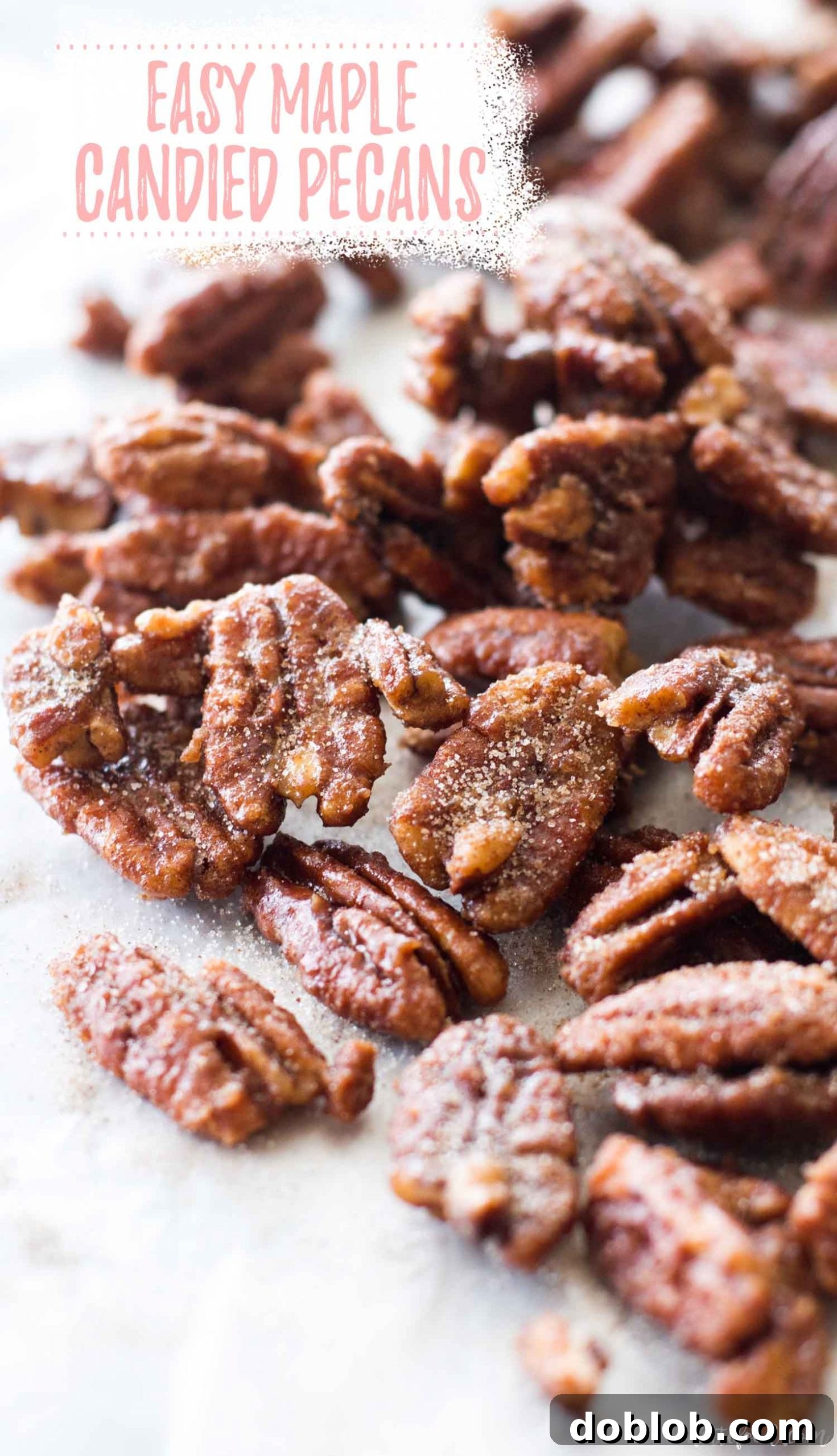 A delicious circle of maple candied pecans arranged on a baking sheet, featuring text overlays to emphasize their ease and deliciousness.