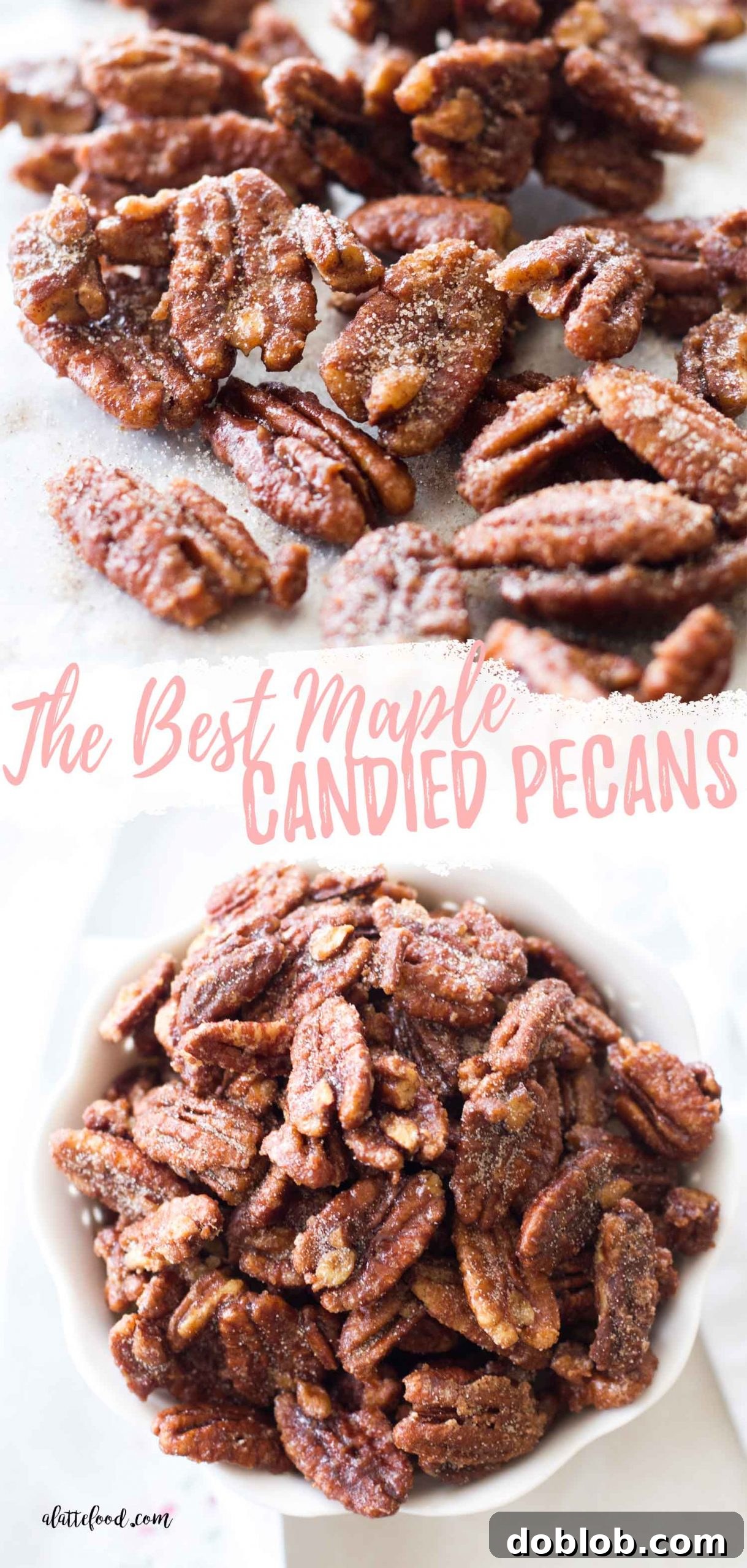 A vibrant collage of maple candied nuts, featuring close-ups and various arrangements, accompanied by enticing text.