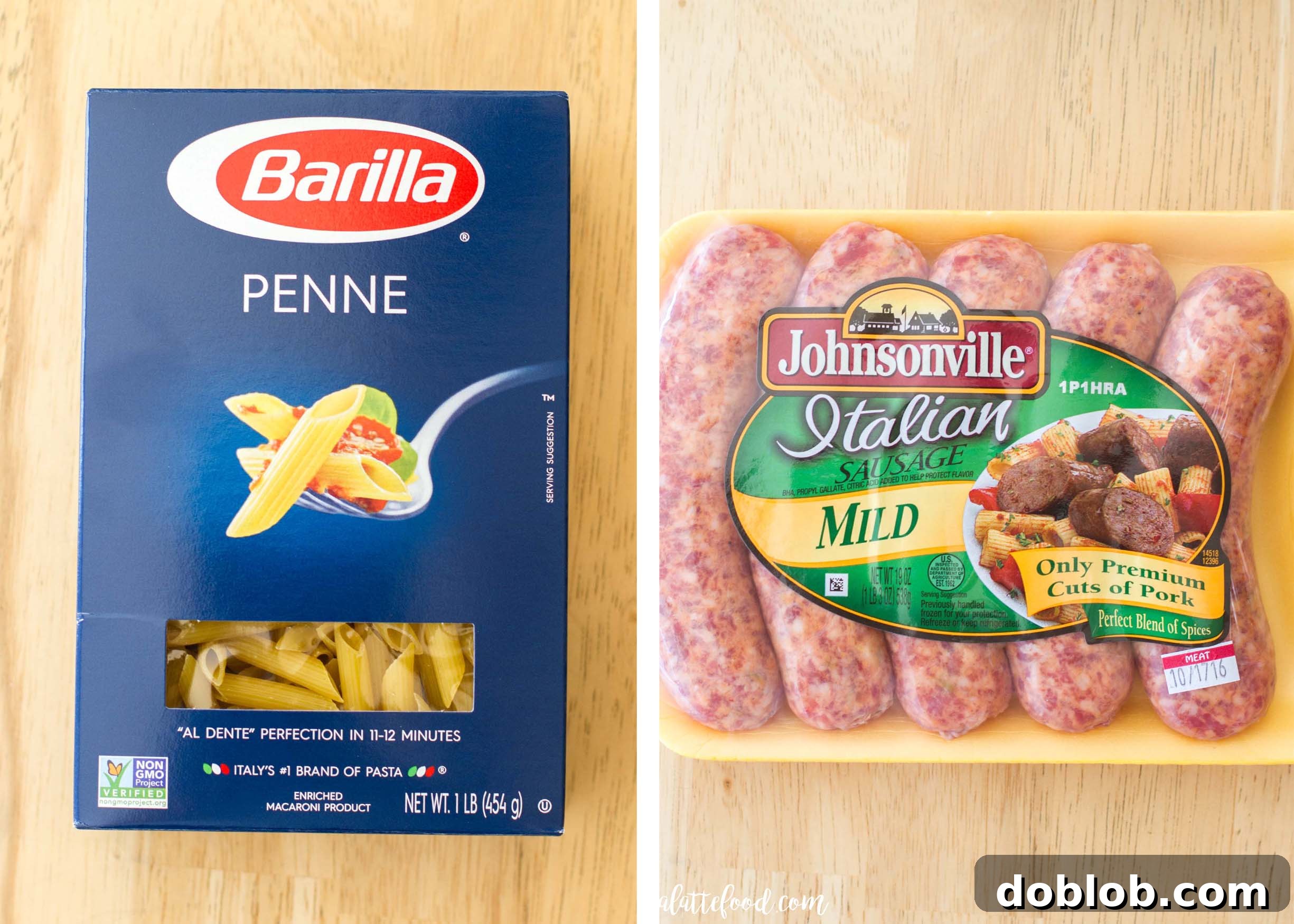 Ingredients for Butternut Squash and Sausage Penne: pasta, squash, spinach, and sausage.