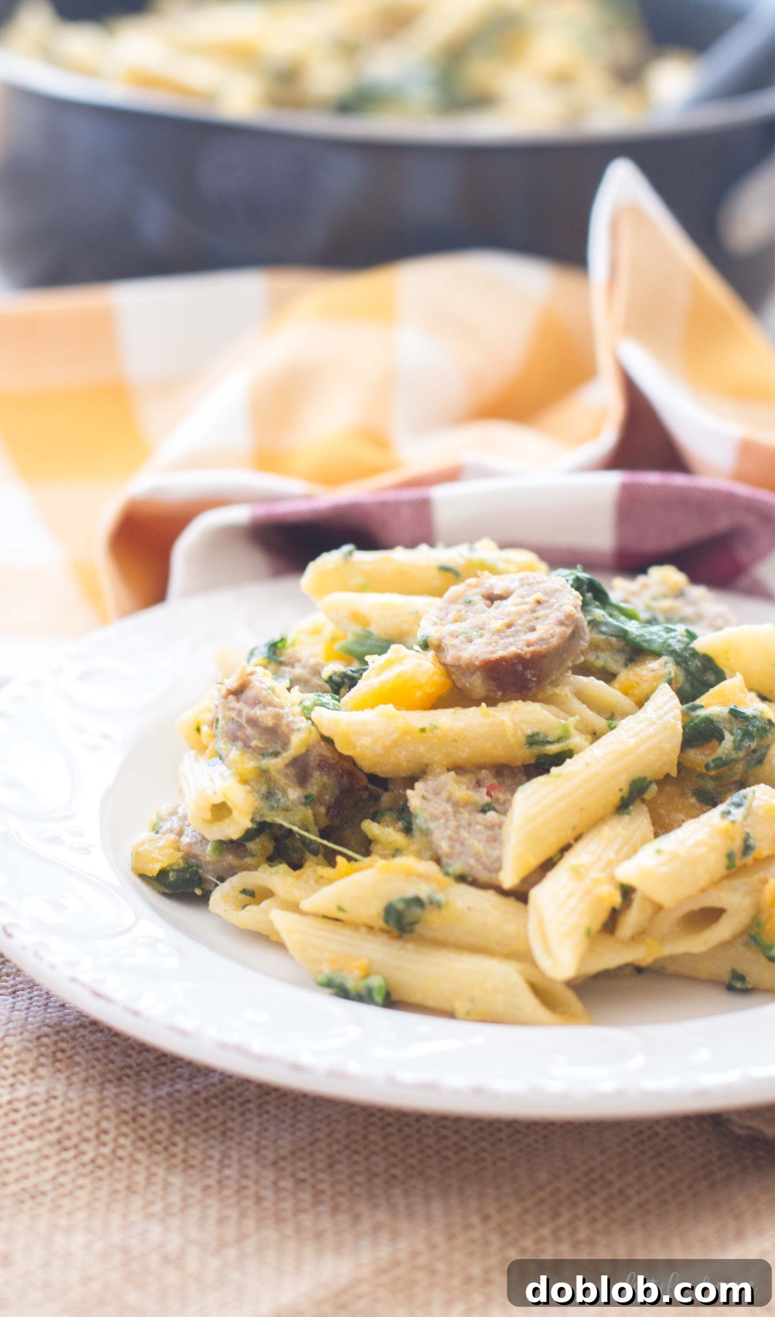 Creamy Butternut Squash, Spinach, & Ricotta Penne with Johnsonville Sausage.