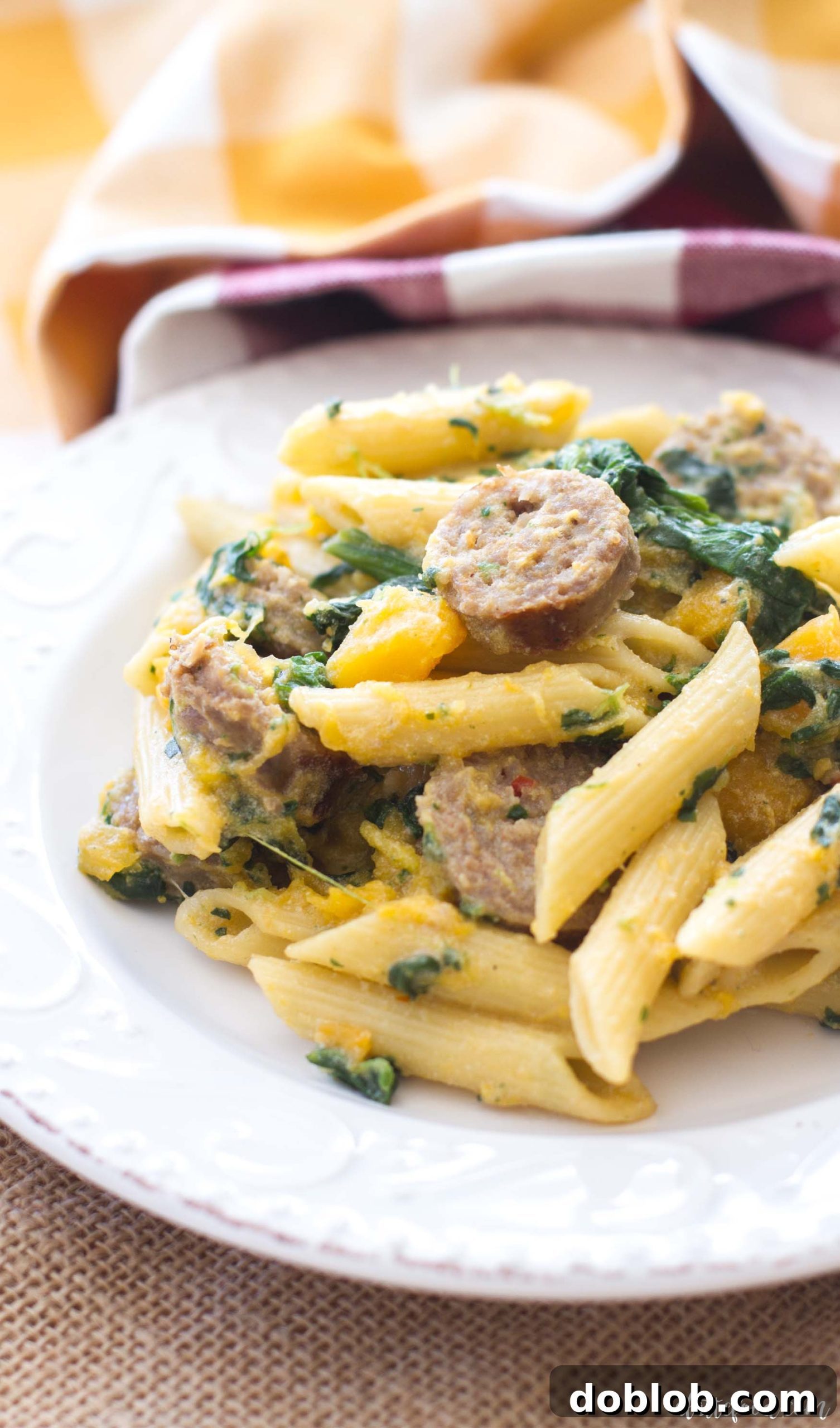 Butternut Squash, Spinach, & Sausage Penne, a quick and delicious fall dinner.