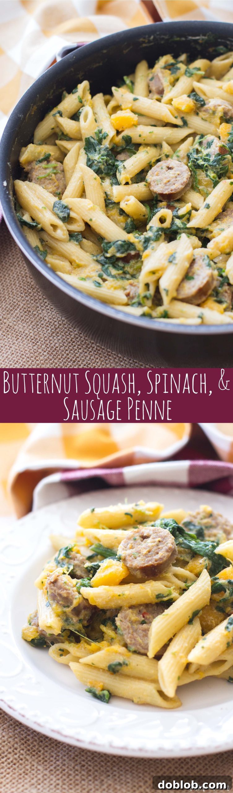 Comforting fall dinner of Barilla Penne pasta with butternut squash, spinach, and Italian sausage.