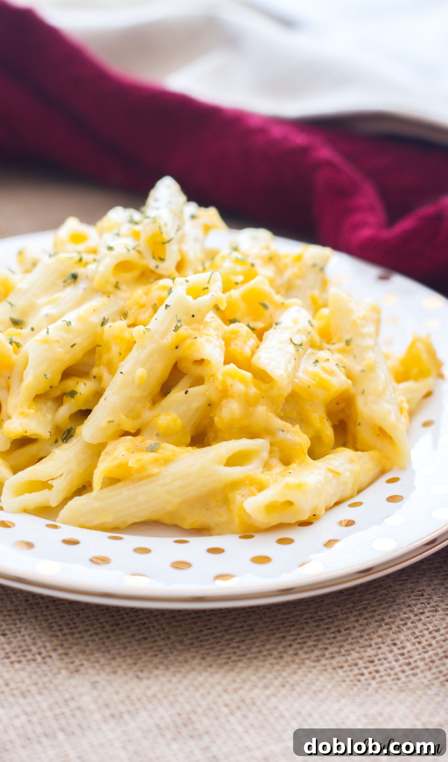 Close-up of creamy penne butternut squash mac and cheese