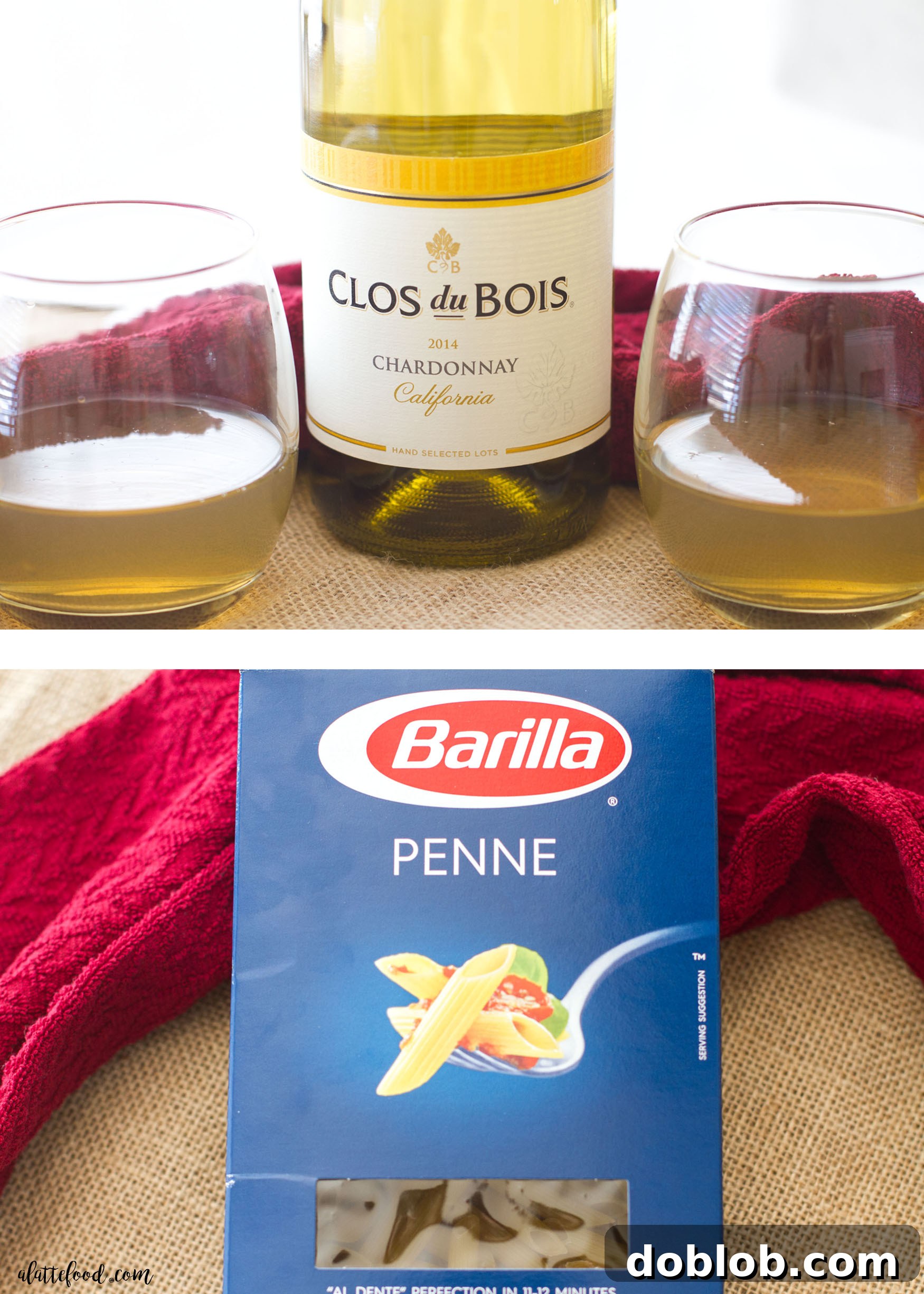 A glass of Clos du Bois Chardonnay next to a bowl of homemade mac and cheese