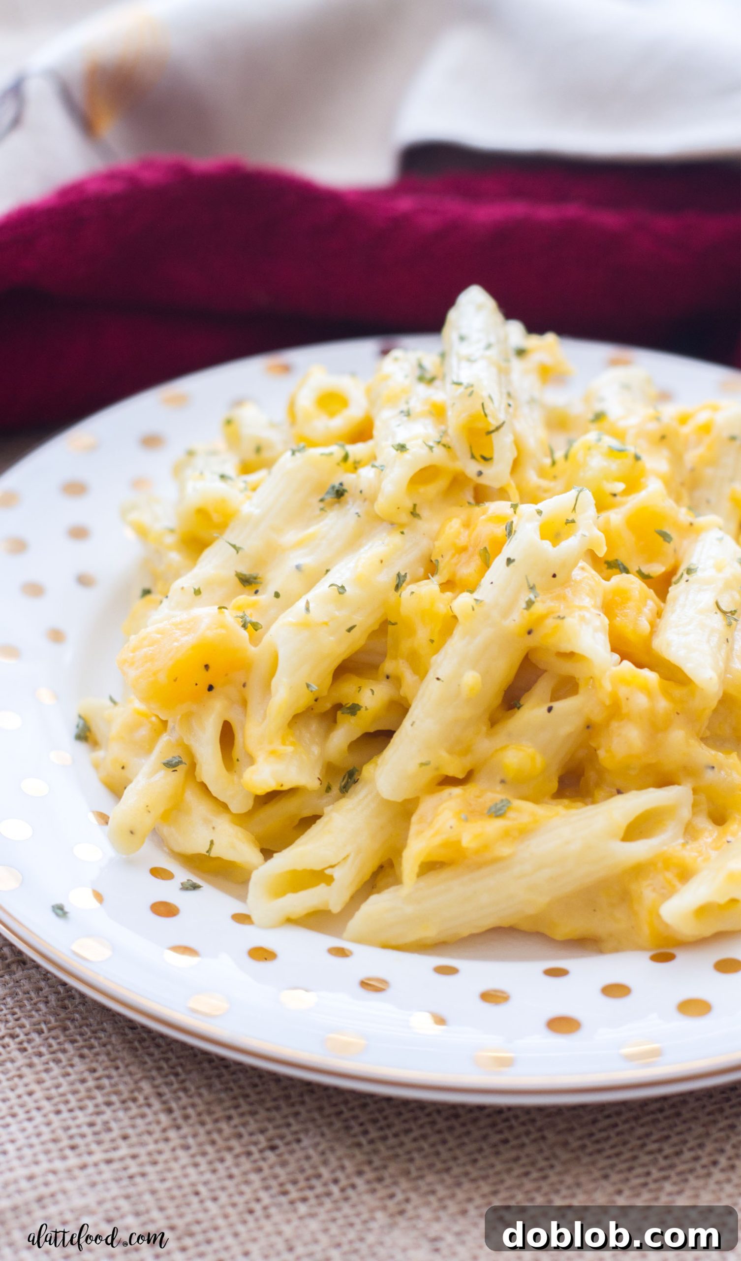 Golden Penne Butternut Squash Mac and Cheese in a bowl