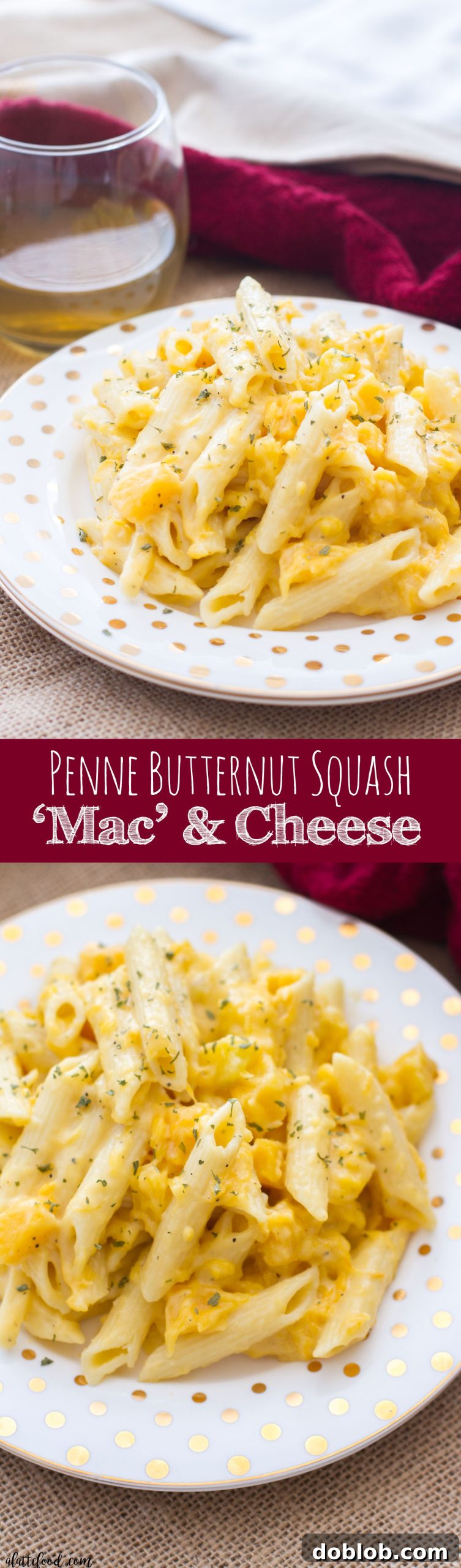 Overhead shot of creamy penne mac and cheese with butternut squash, perfect for fall