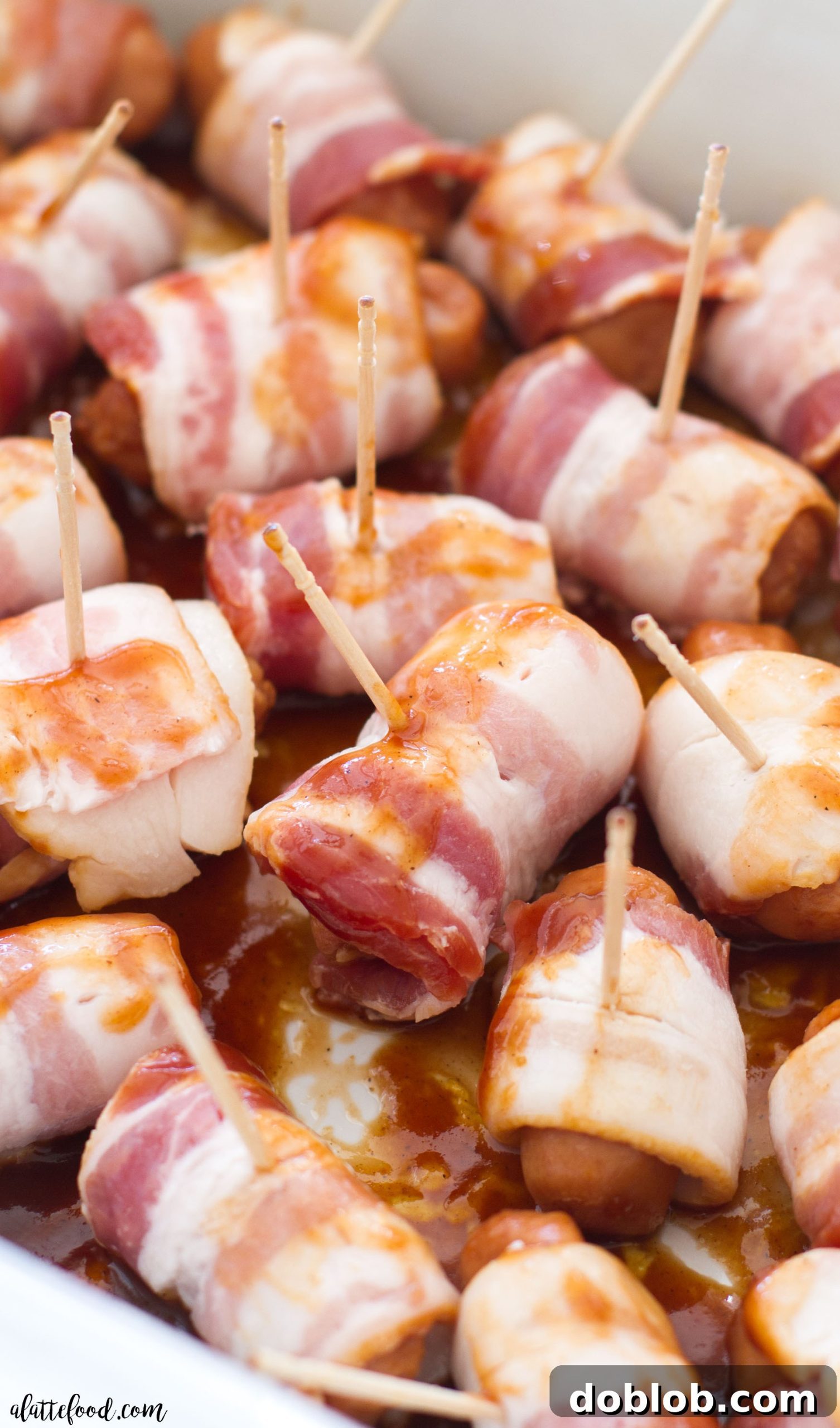 Serving suggestion for Bacon Wrapped Smokies, showing a full bowl ready for guests.