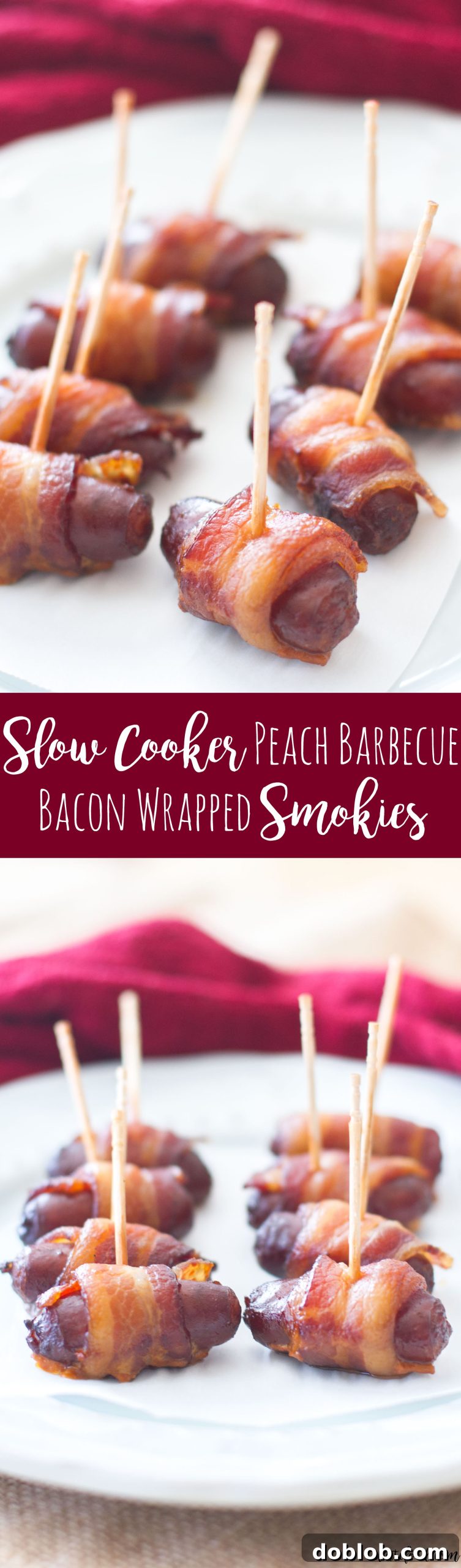 Overhead shot of Slow Cooker Peach Barbecue Bacon Wrapped Smokies, ready to be served.