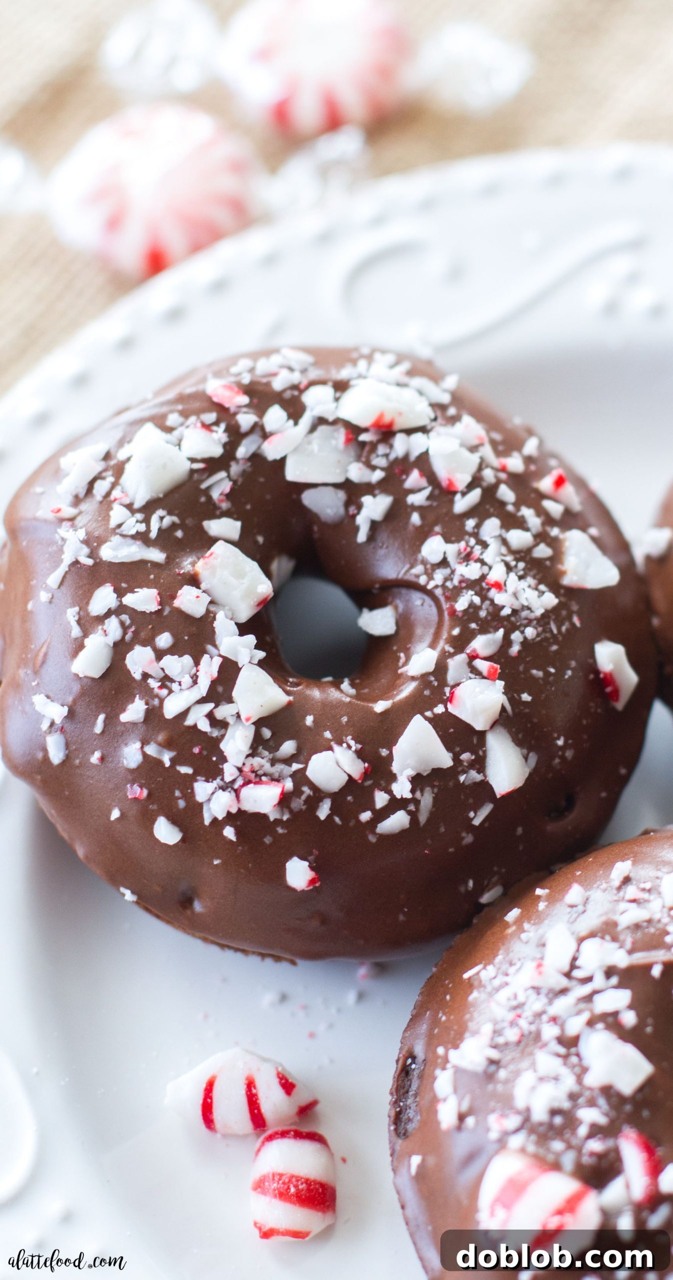 A beautiful platter of baked peppermint mocha donuts, ready to be served for a Christmas gathering. Each donut is perfectly glazed and garnished, emphasizing their appeal as a holiday favorite. #peppermint #mocha #donut #chocolate #christmas These easy baked chocolate donuts are filled with coffee and rich chocolate, and topped with a chocolate peppermint glaze. The perfect Christmas dessert! A simple chocolate donut recipe you're sure to love!