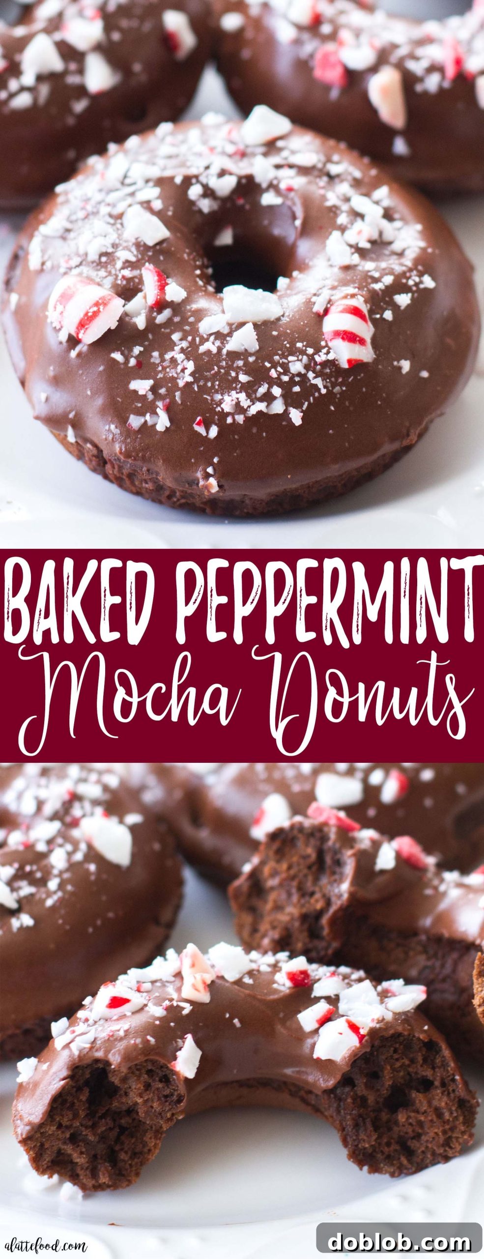 An array of baked peppermint mocha donuts, showcasing their inviting texture and festive toppings, presented as an irresistible holiday offering for dessert or breakfast. #peppermint #mocha #donut #chocolate #christmas These easy baked chocolate donuts are filled with coffee and rich chocolate, and topped with a chocolate peppermint glaze. The perfect Christmas dessert! A simple chocolate donut recipe you're sure to love!