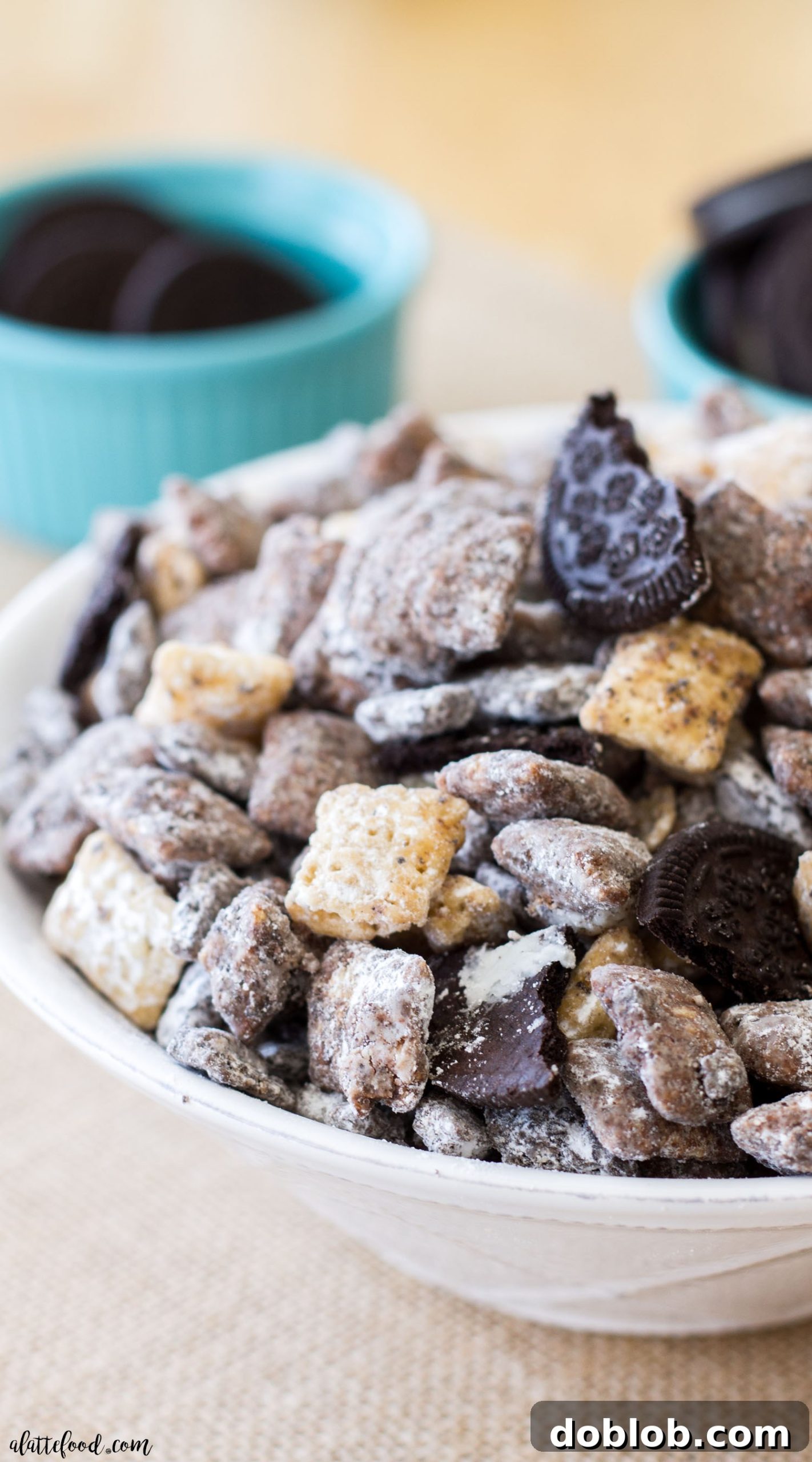 Delicious Salted Caramel Cookies 'n Cream Puppy Chow, a homemade muddy buddies recipe with Oreos and chocolate