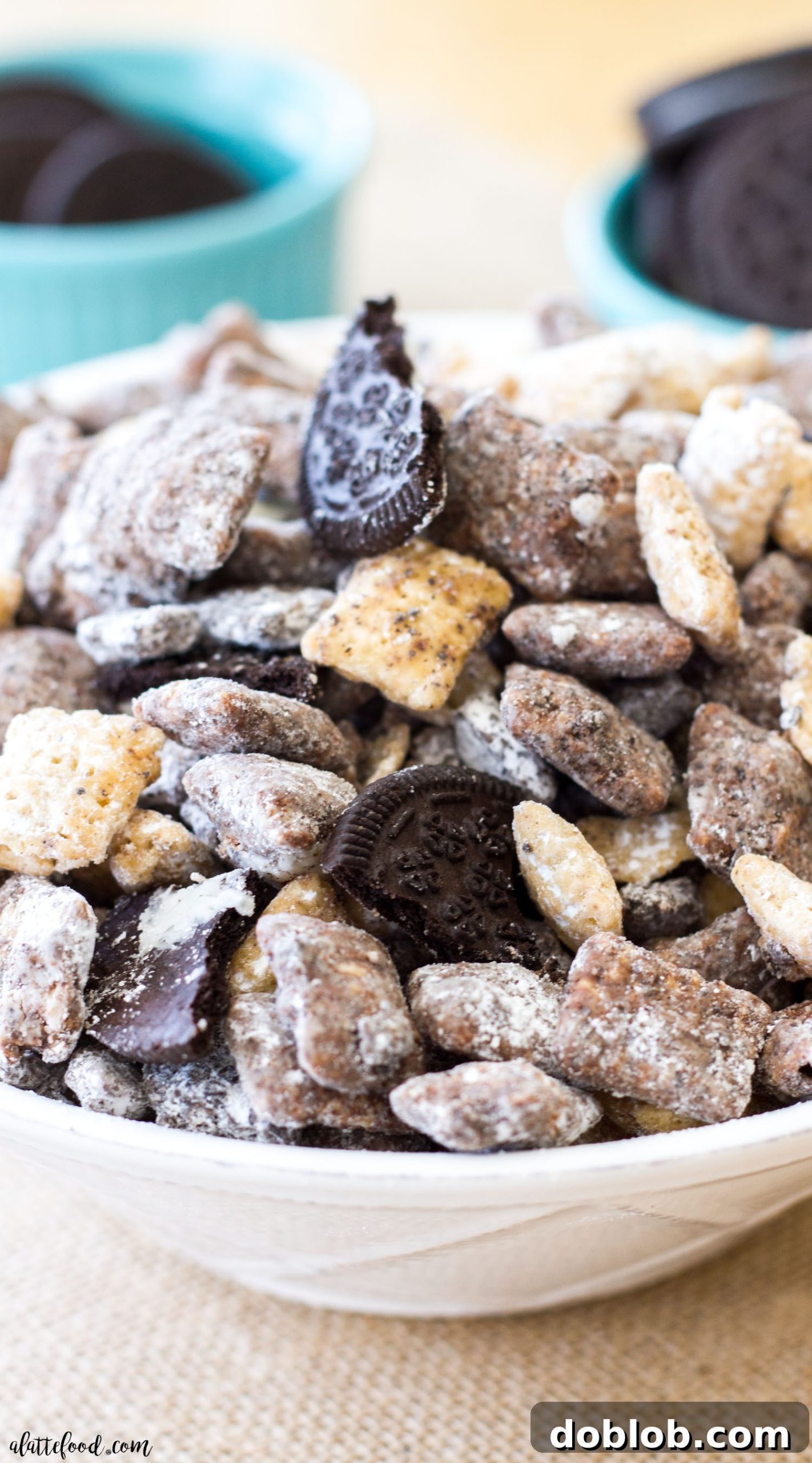 Homemade Salted Caramel Cookies 'n Cream Puppy Chow ready to be coated