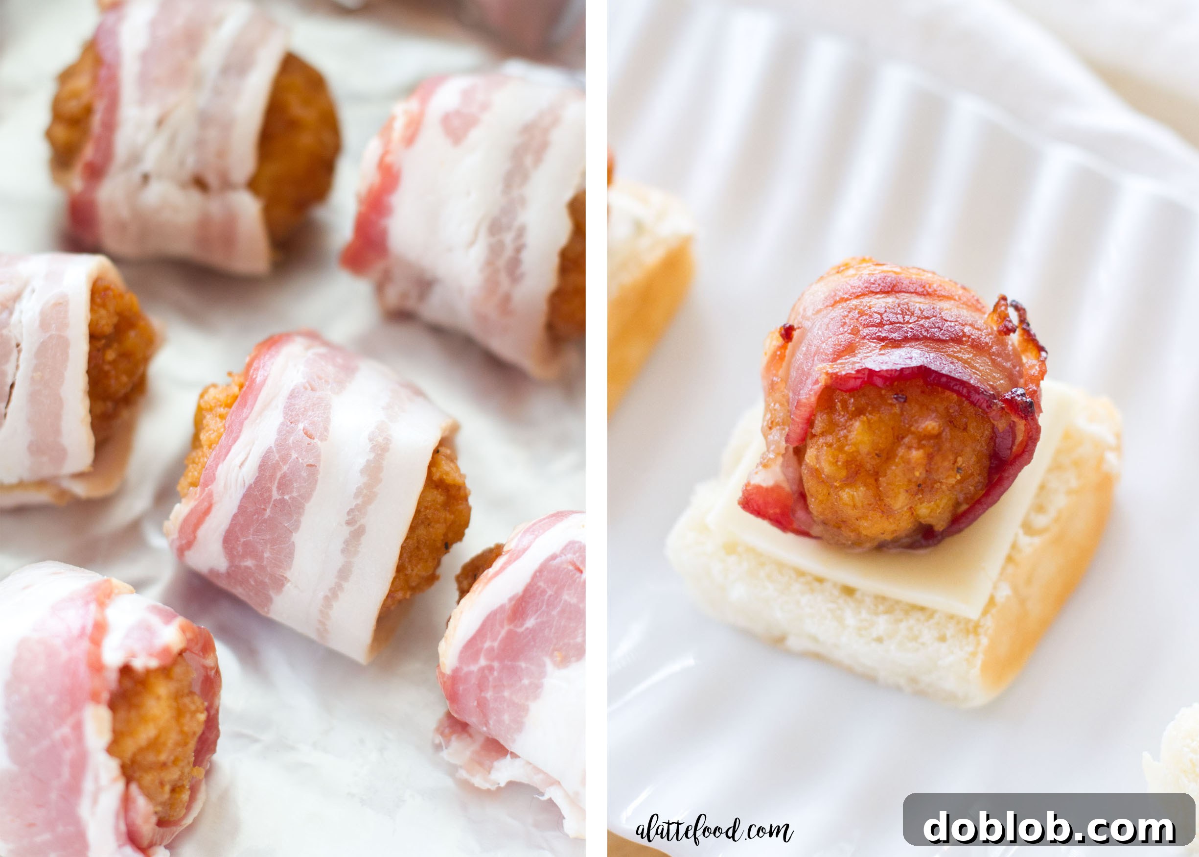 Assortment of bacon wrapped chicken sliders with cheese and cabbage, ideal for homegating