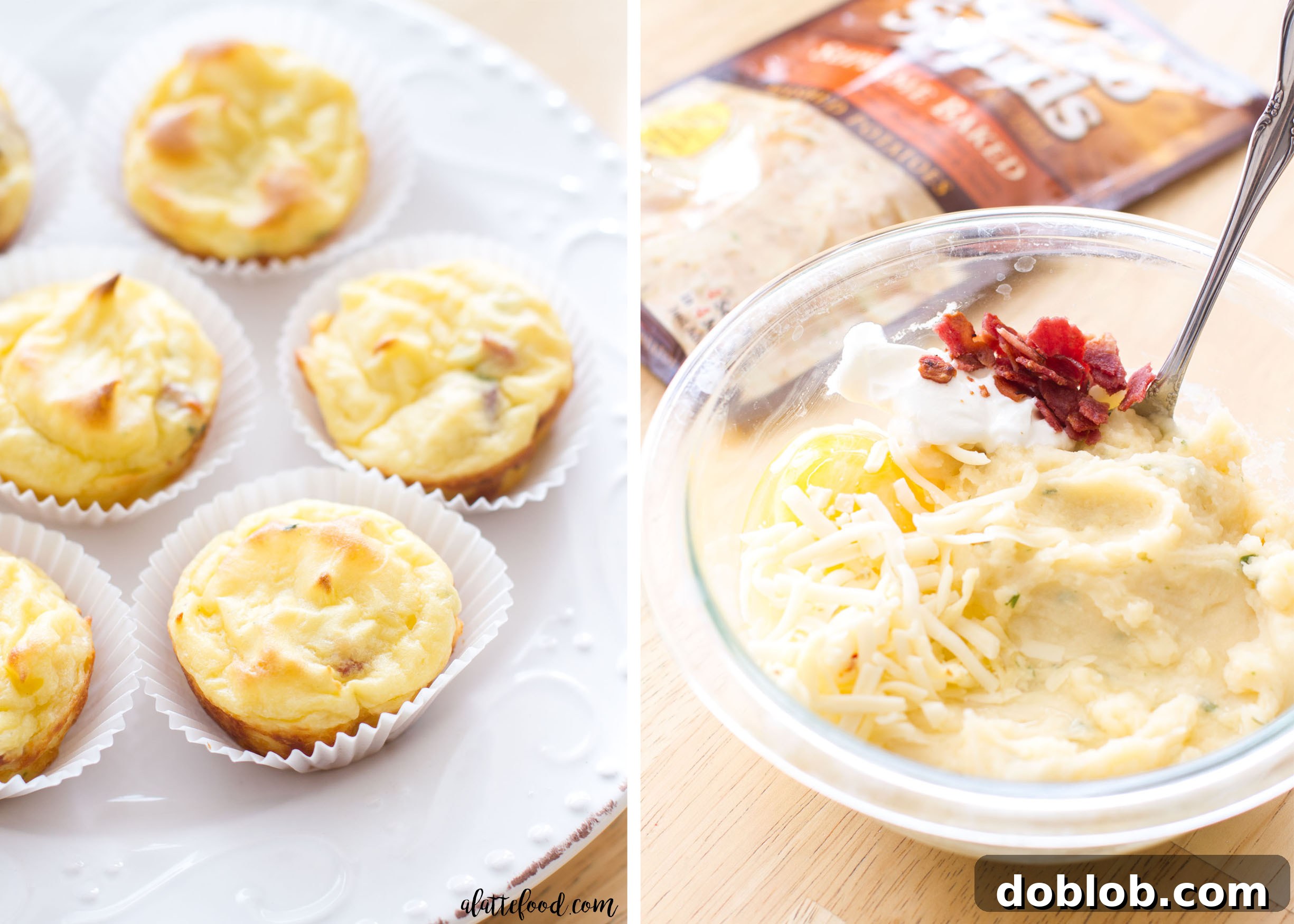 A trio of fluffy bacon and chive mashed potato puffs, garnished with fresh chives, on a small white plate.