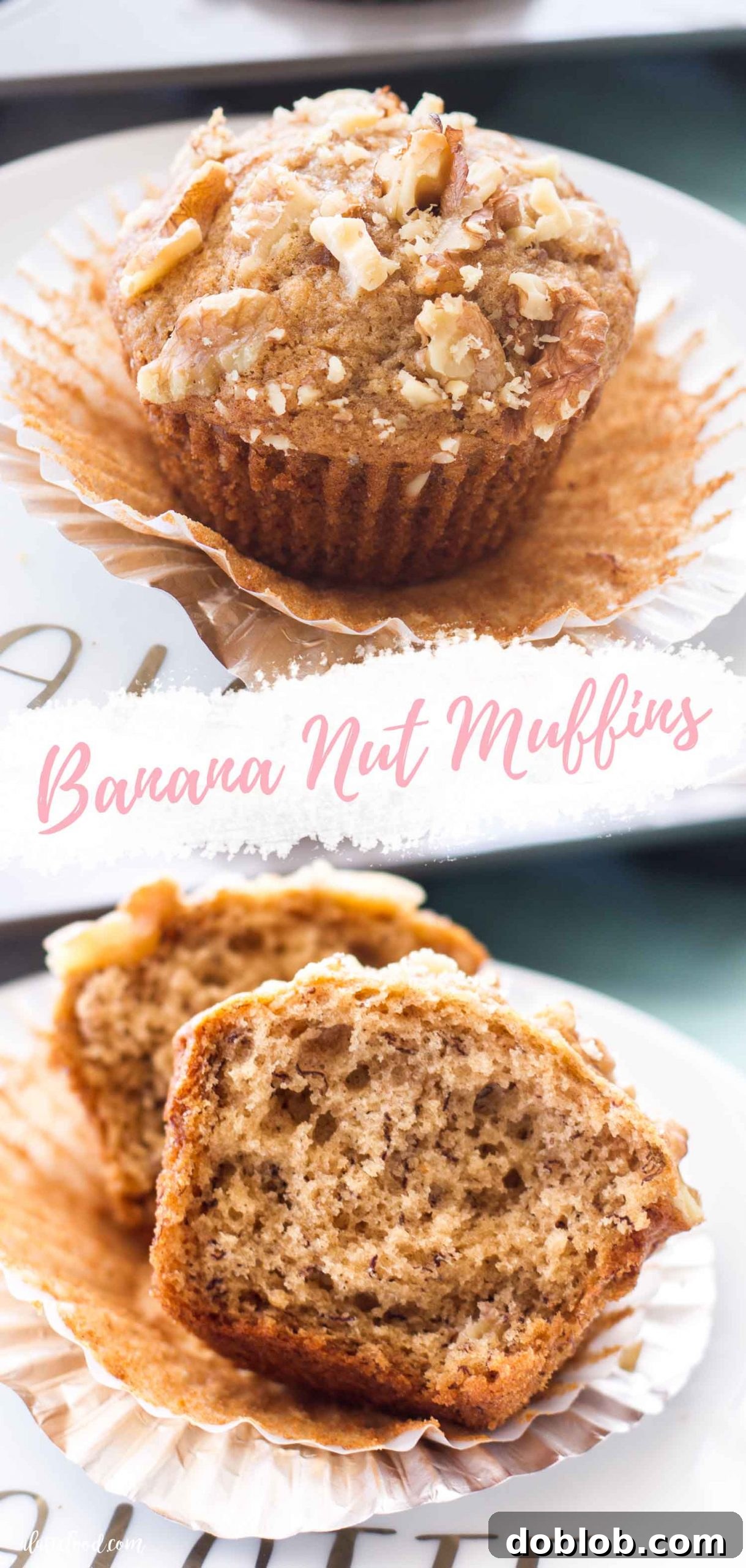 If you love fluffy banana muffins, then you are going to adore these Banana Nut Muffins. So fluffy in texture yet incredibly rich and moist (thanks to the ripe bananas)! You can make these nut free banana muffins too (or use pecans instead of walnuts), making them totally versatile. Make these ahead of time and freeze for later, or make a double batch of these banana muffins with walnuts for brunch! The best easy banana muffin recipe! #recipe #banana #muffin #breakfast A collage of various banana nut muffin images, showing them in the tin, unwrapped, and cut open, highlighting their delicious appearance and texture.