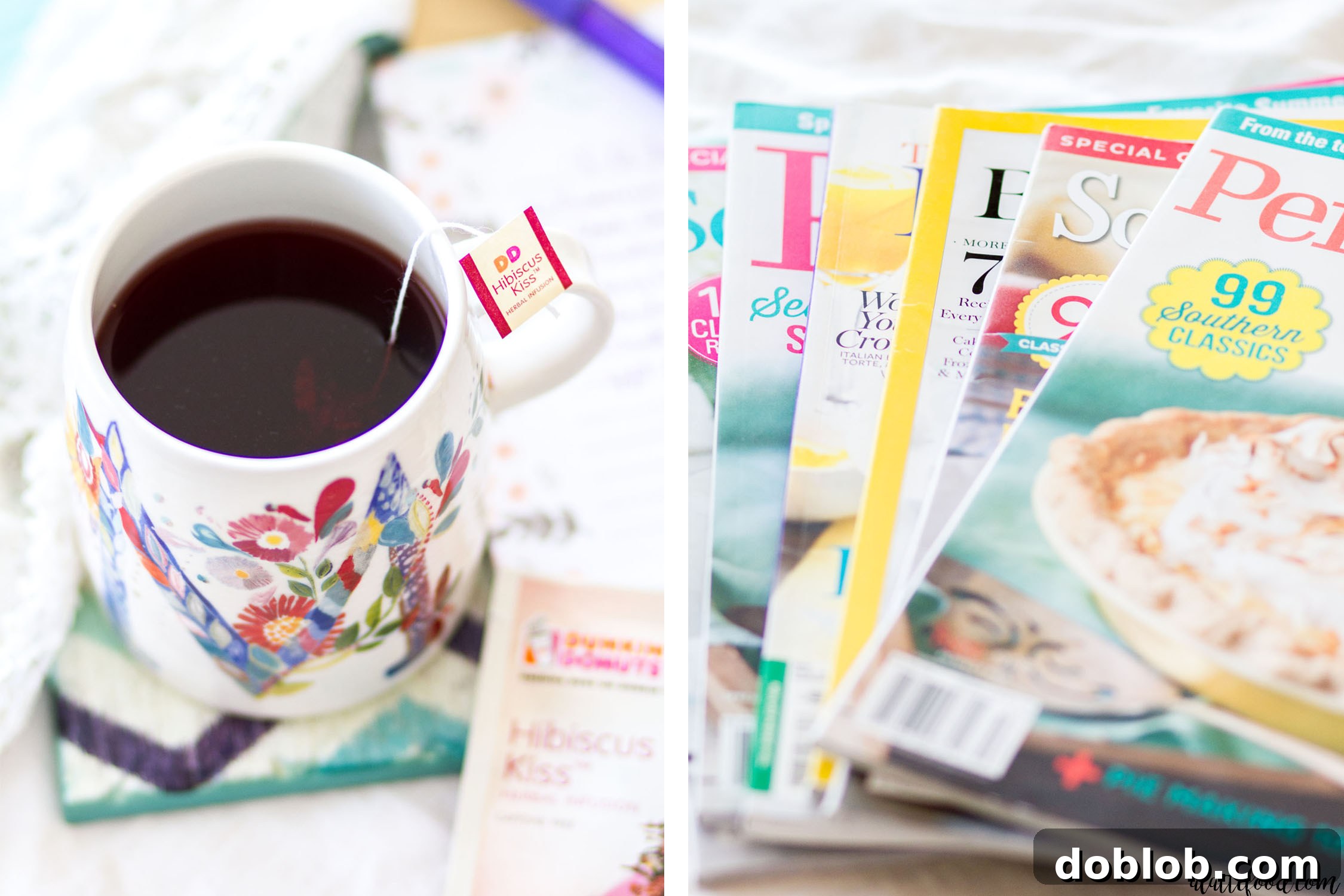 Weekend Cravings Meet Dunkin Donuts 2 A perfectly brewed cup of tea next to a stack of culinary magazines, symbolizing a relaxing weekend.