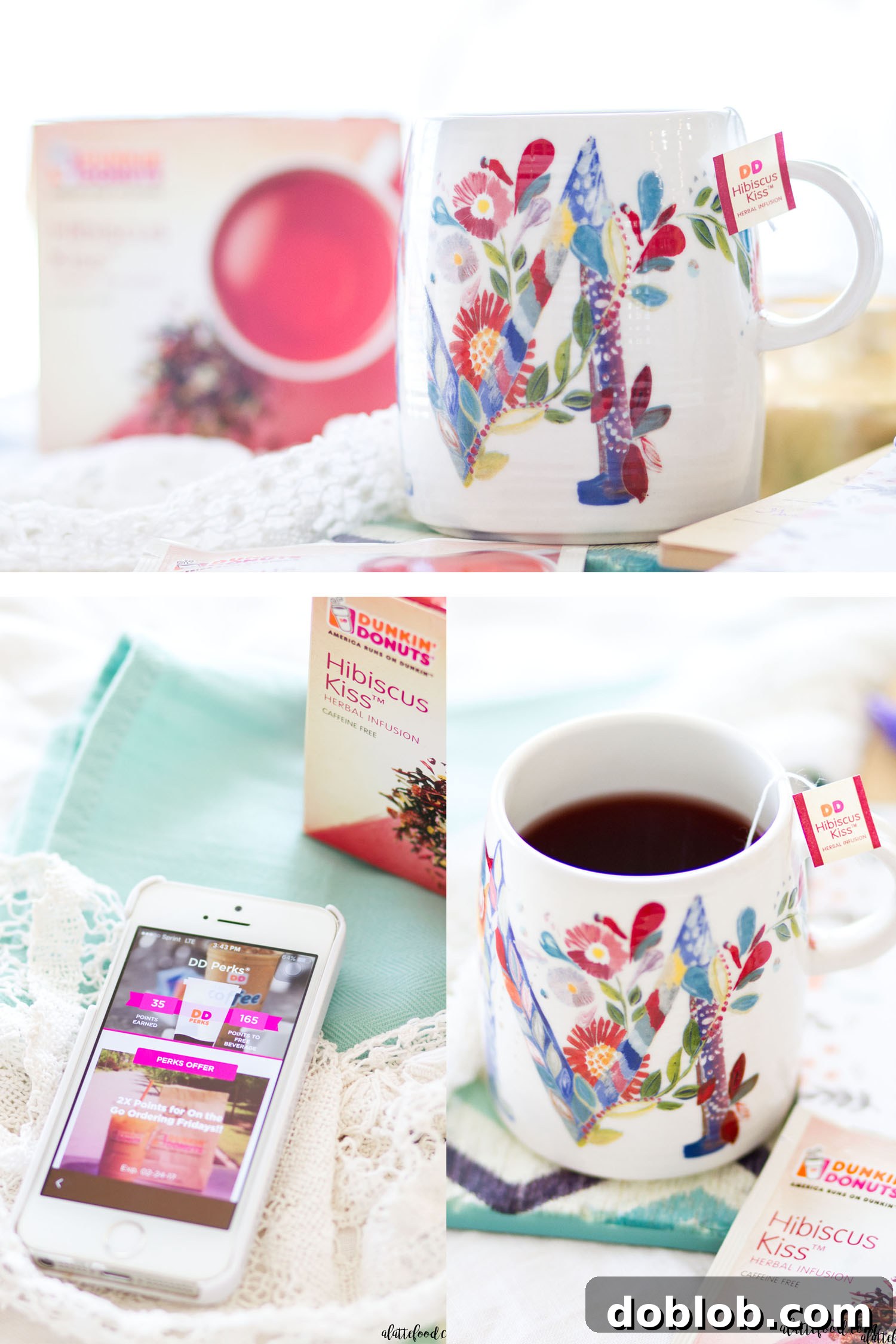 Weekend Cravings Meet Dunkin Donuts 6 A ceramic mug with the letter 'M' on it, holding a warm beverage, next to a box of Dunkin' Donuts tea.