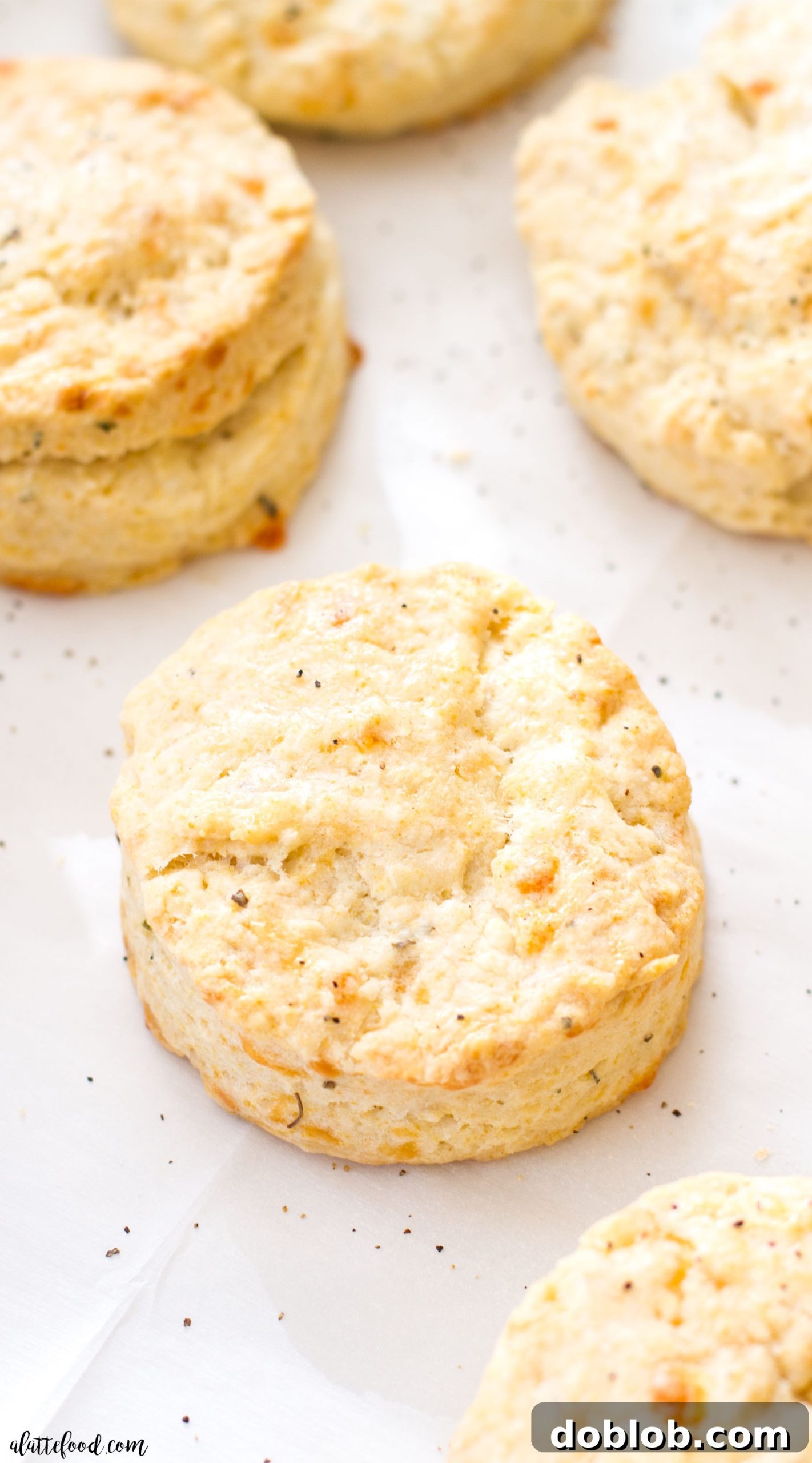 Spicy Pepper Jack Herb Biscuits 4 A stack of golden-brown pepper jack and herb biscuits piled high on a rustic wooden board, ready to be served.