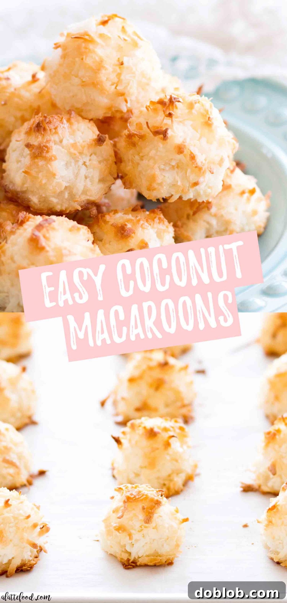 These easy coconut macaroons are made from scratch and use easy, simple ingredients. These call for egg whites, sugar and coconut (no sweetened condensed milk in this recipe), and have the best texture. A perfect gluten free dessert that's so simple to whip up. #coconut #dessert #recipe #cookie A vibrant collage of homemade coconut macaroons, showing different angles and serving styles