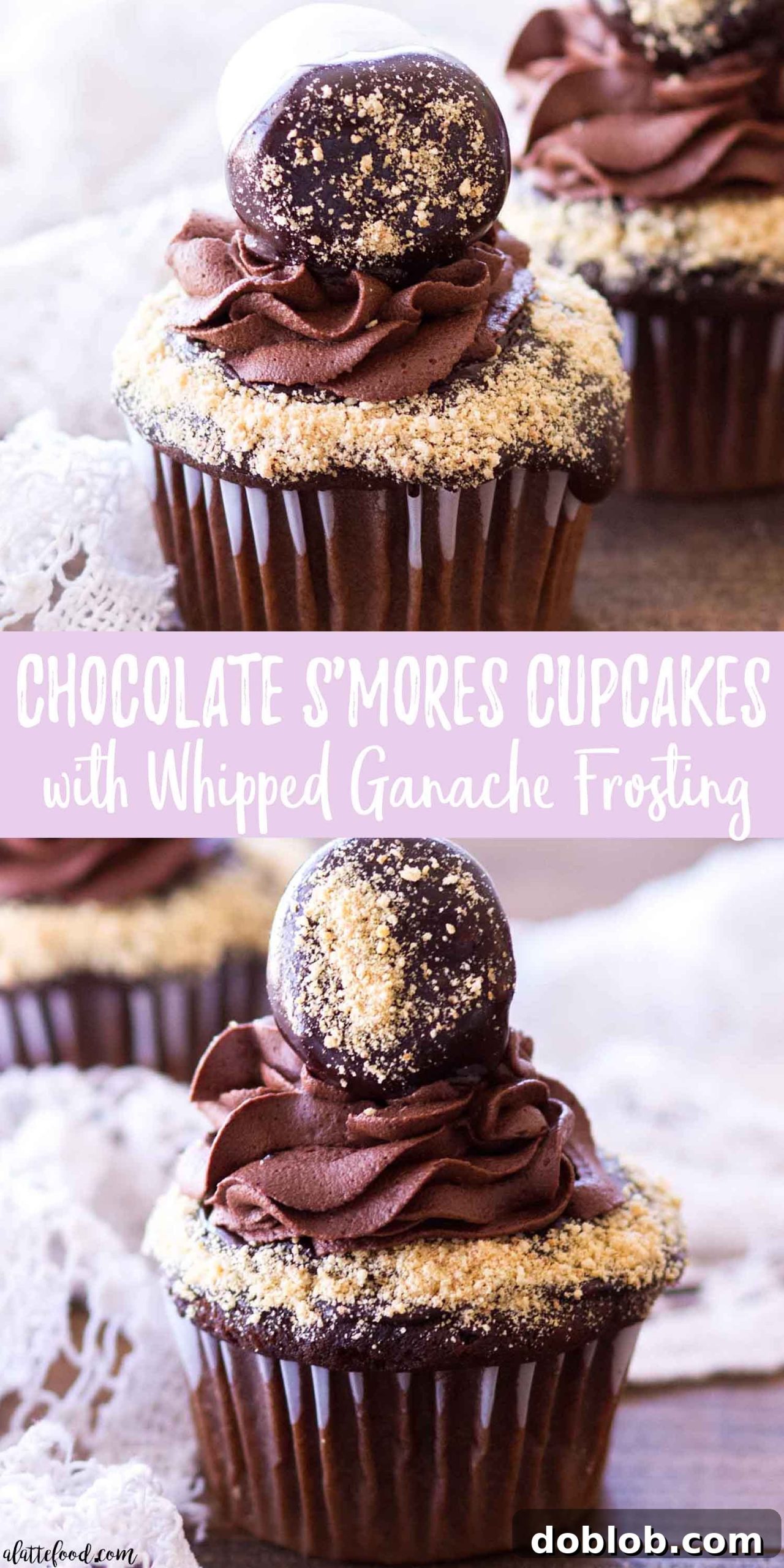 A stunning collage photo of finished chocolate s'mores cupcakes, highlighting various angles and delicious details