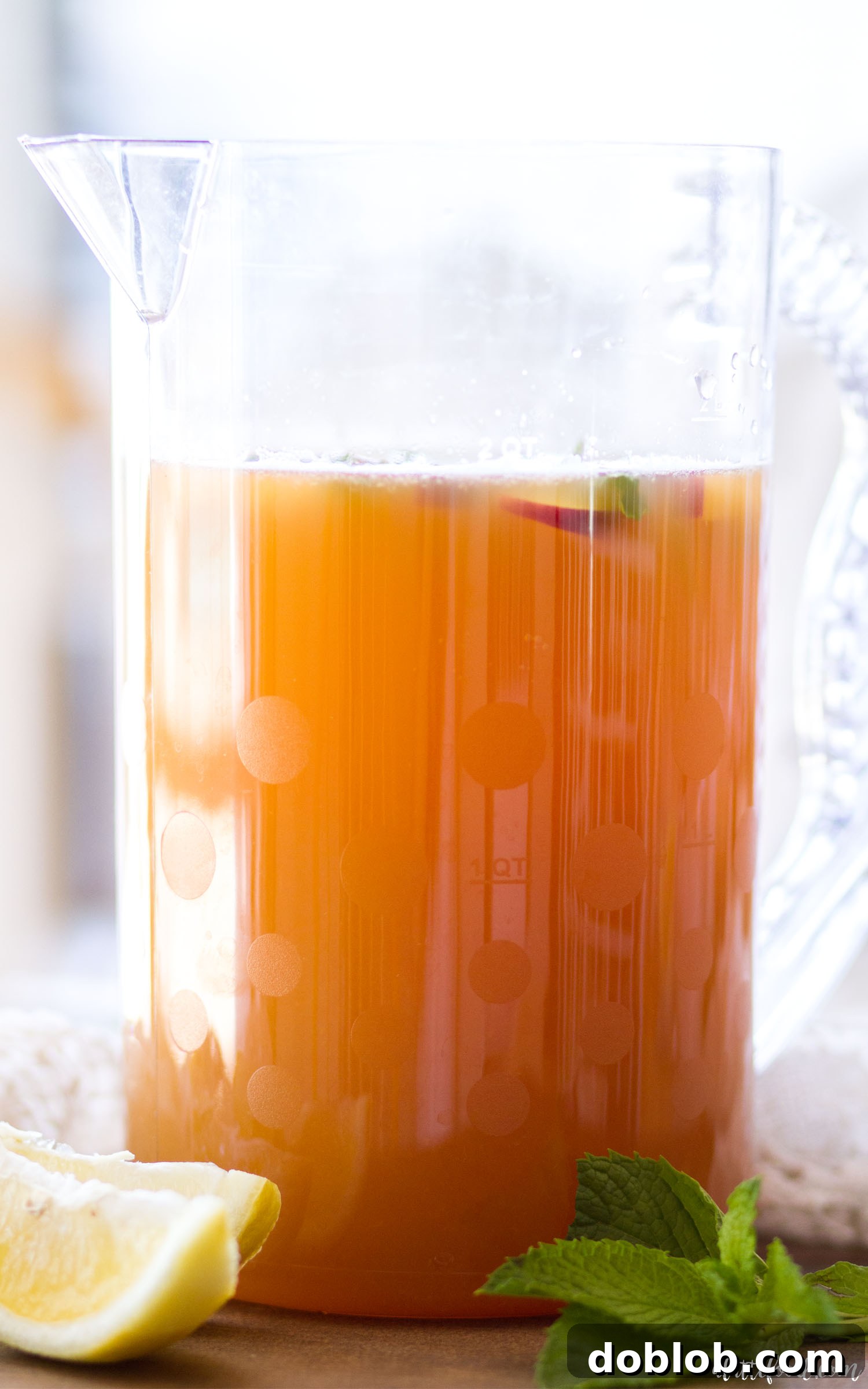 Pouring homemade Iced Peach Green Tea into a glass with ice and garnishes.
