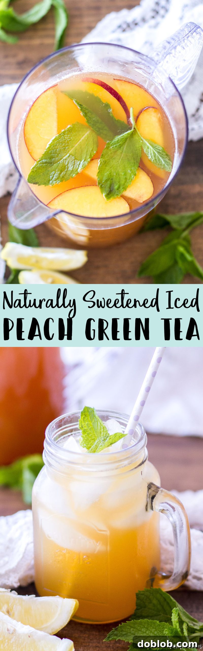 Close-up of a glass of Iced Peach Green Tea with fresh peaches and mint leaves, ready to drink.