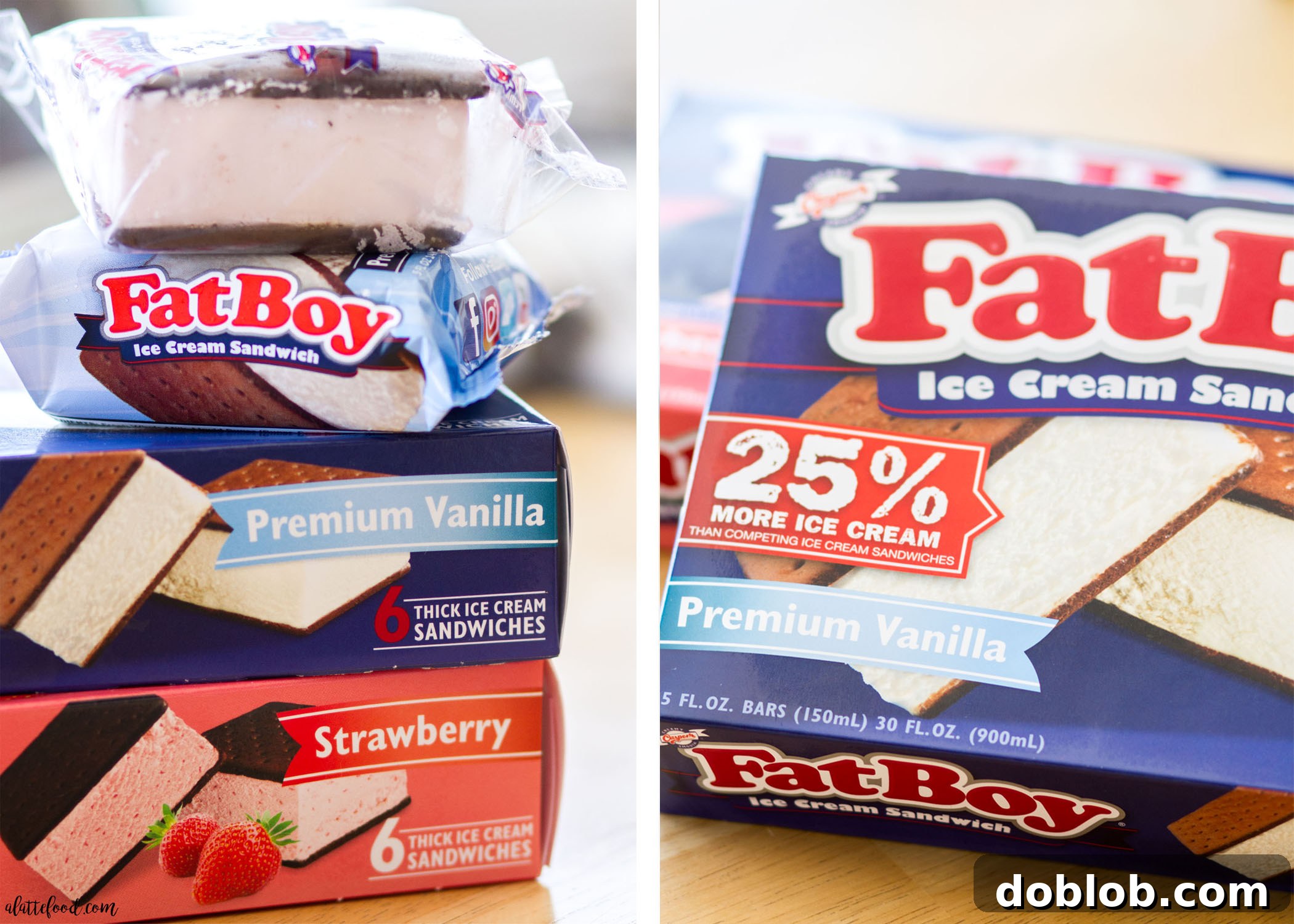 FatBoy Ice Cream Sandwiches in their packaging, showing various flavors available.