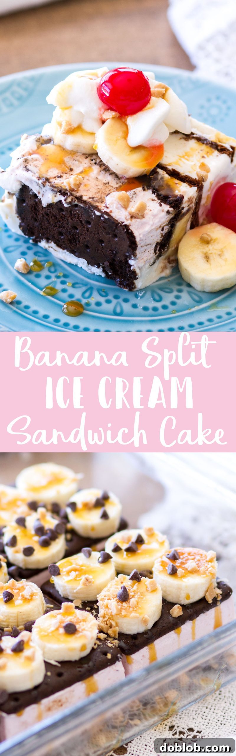 A final, mouth-watering shot of the Banana Split Ice Cream Sandwich Cake, ready to be enjoyed.