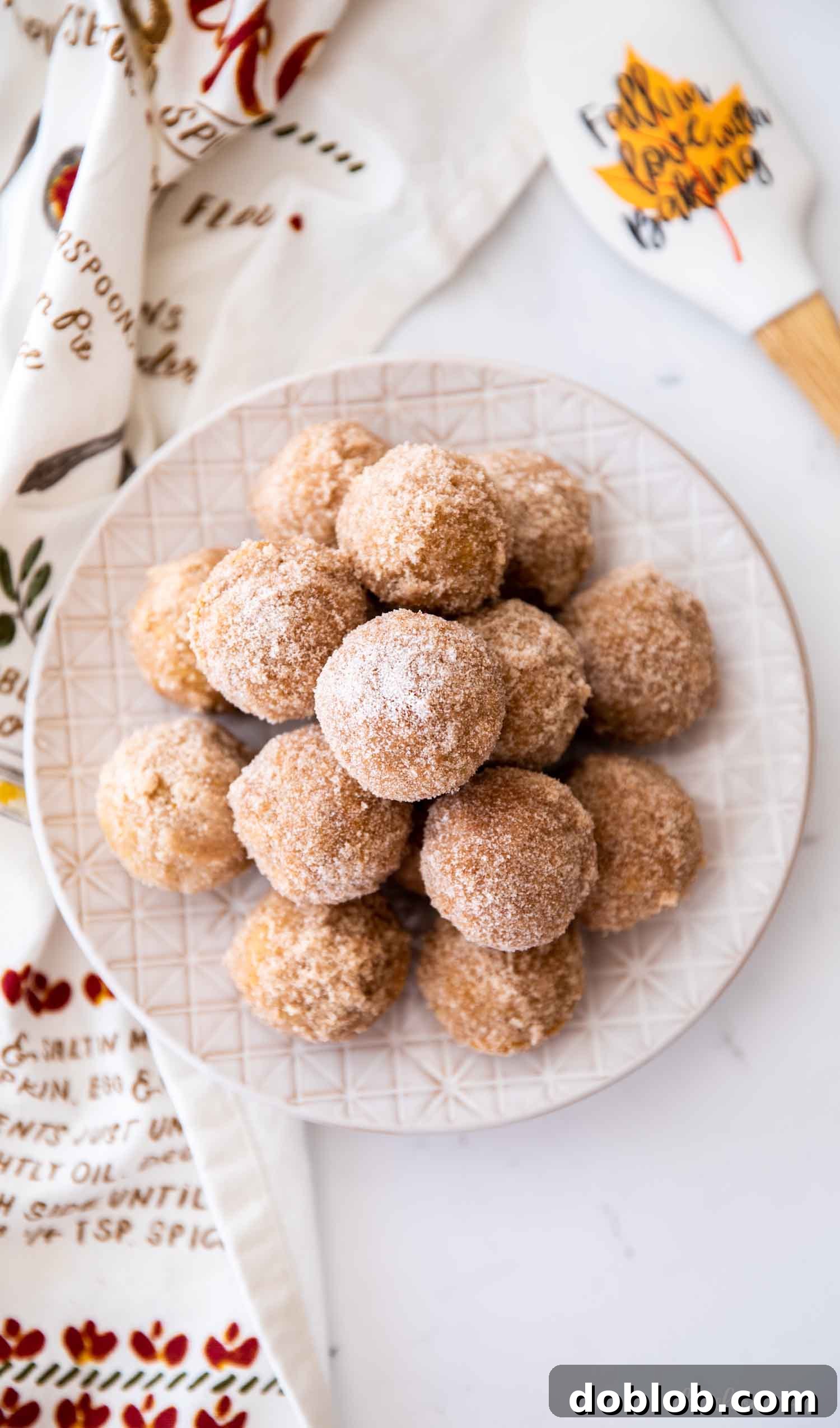 Overhead View of Baked Cinnamon Sugar Pumpkin Donut Holes An inviting overhead view of freshly baked cinnamon sugar pumpkin donut holes artfully arranged on a cooling rack, showcasing their perfect roundness and generous coating.