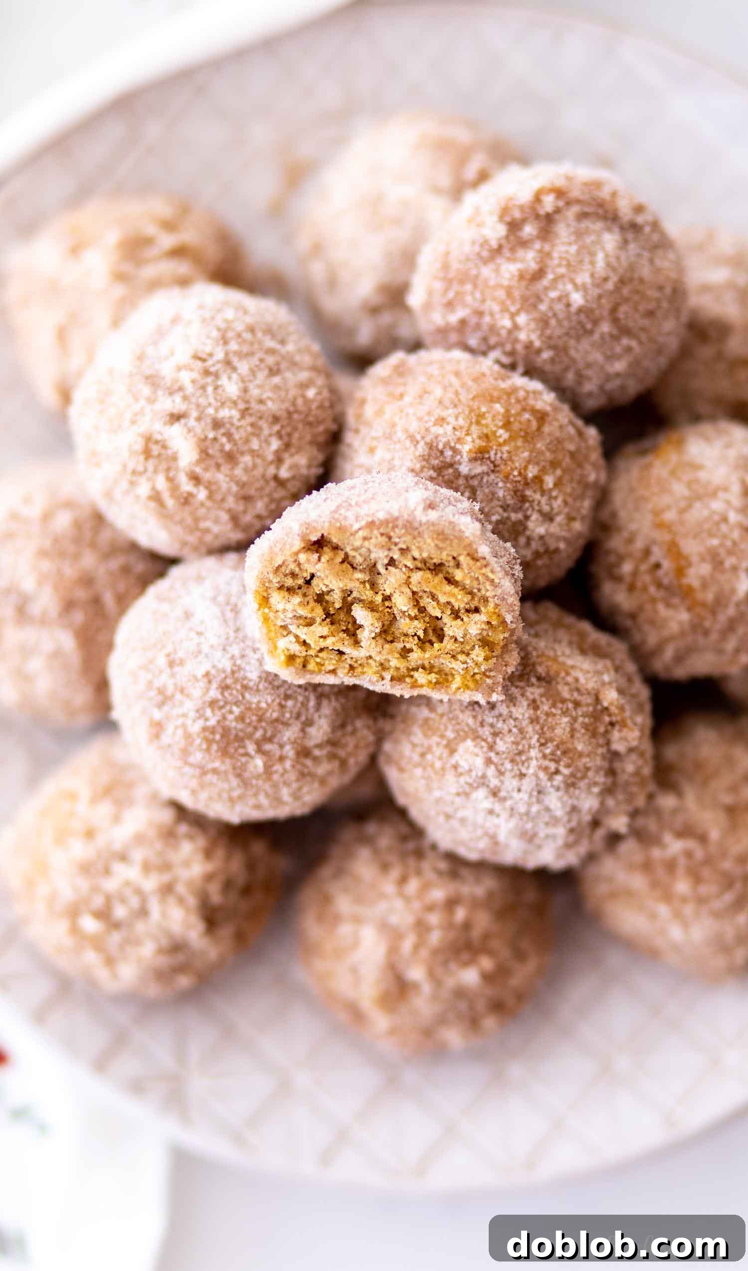 Delicious Baked Pumpkin Donut Holes A delicate stack of baked pumpkin donut holes coated in cinnamon sugar, presented on a cream-colored plate, highlighting their appetizing texture and perfect coating.
